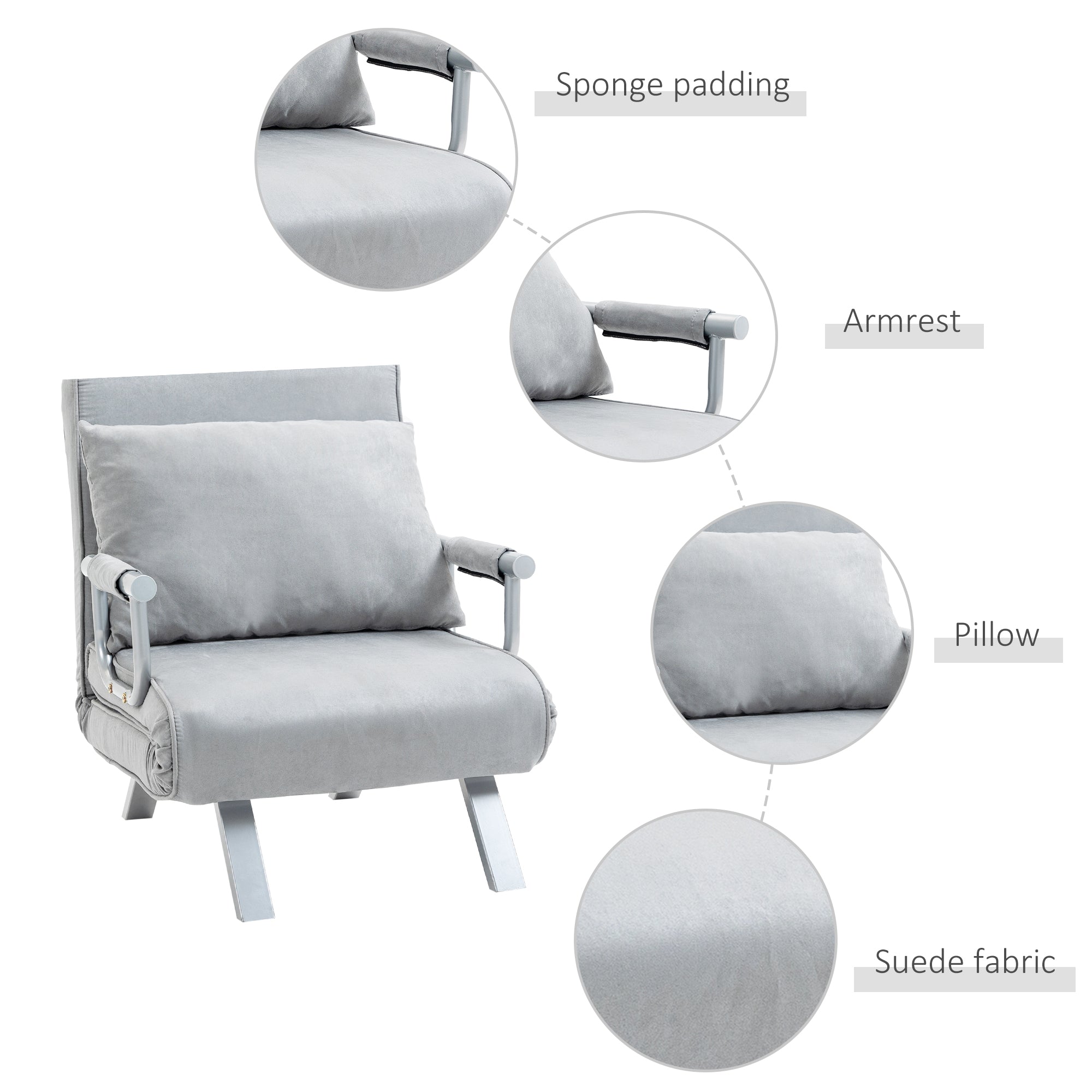 2-In-1 Design Single Sofa Bed Sleeper, Foldable Armchair Bed Lounge Couch w/ Pillow, Light Grey