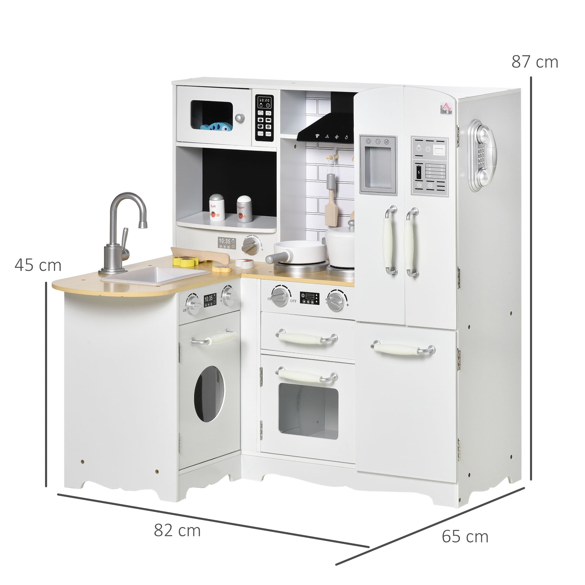 Kids Wooden Kitchen, Large Pretend Role Play Kitchen w/ Realistic Refrigerator, Microwave, Oven, Range Hood, Sink, Telephone