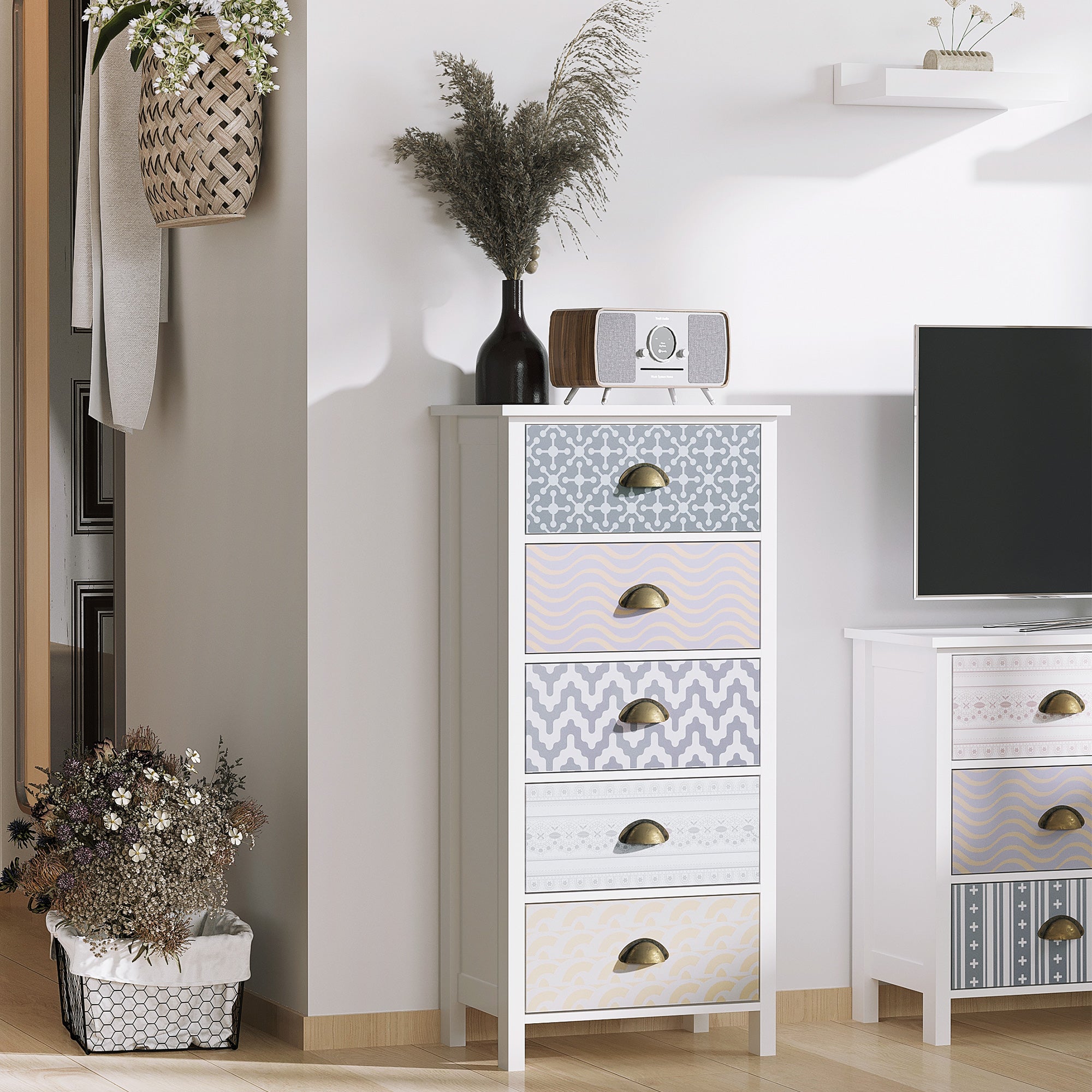 Chest of Drawers, 5-Drawer Tallboy Dresser with Metal Handles, Storage Cabinet Unit for Living Room, Bedroom