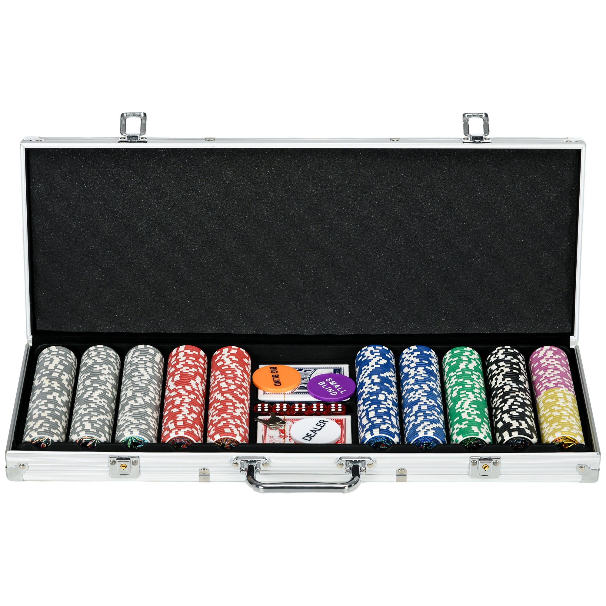 500PCS Poker Chips Set Poker Set with Mat and Chips, 2 Card Decks, Dealer, 5 Dices