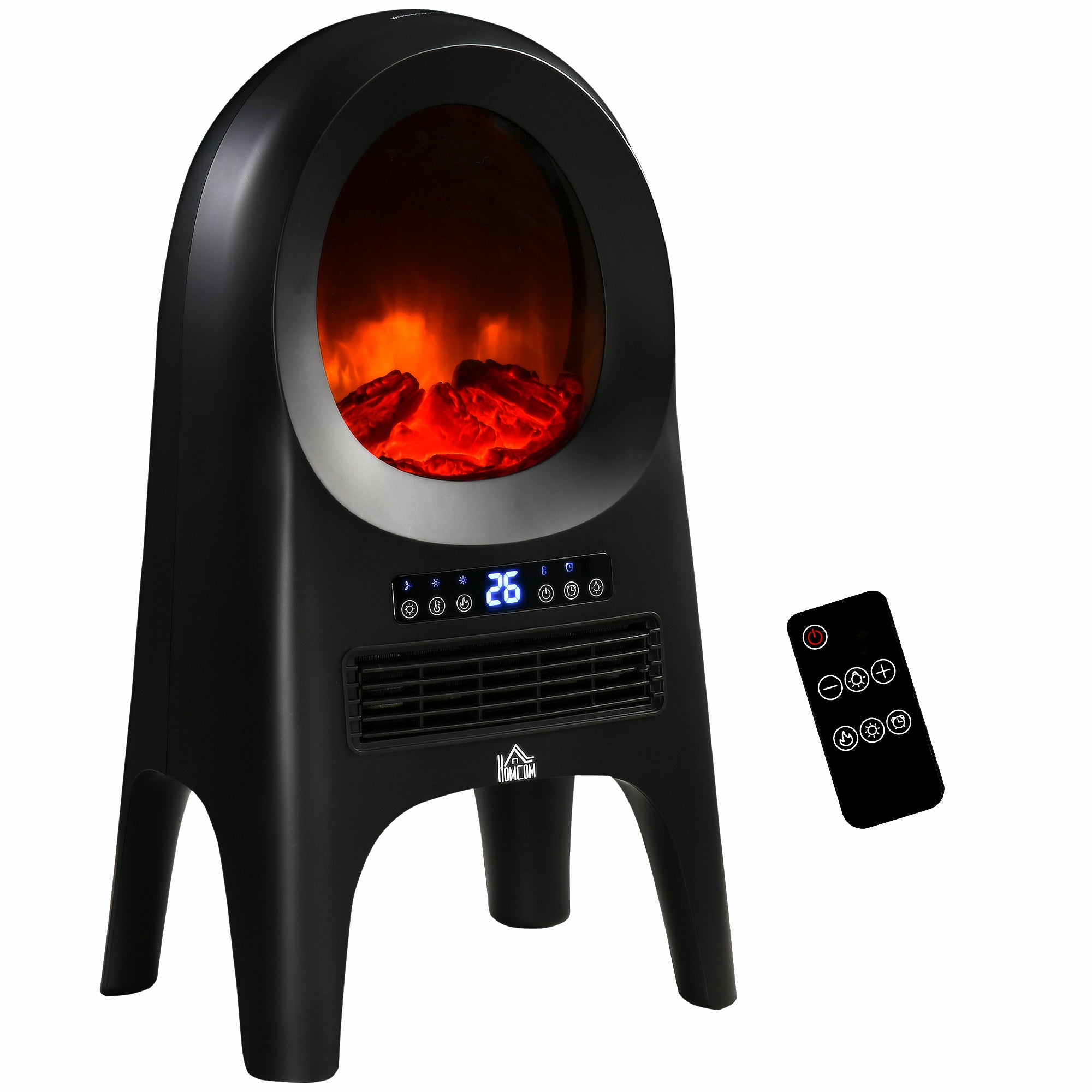 Ceramic Electric Space Heater, Freestanding Fan Heater with Realistic Flame Effect, 3 Heat Settings, Adjustable Temperature, 1000W/2000W, Black