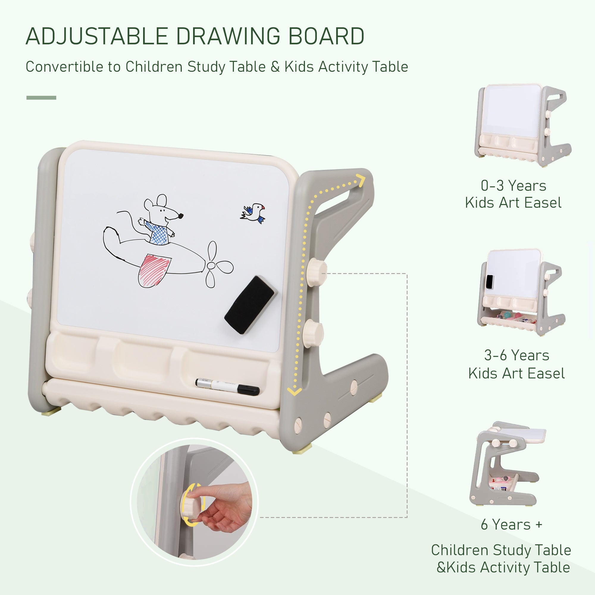 Kids Study Table and Chair Set 2-In-1 Design Drawing Board Writing Desk with Whiteboard Pens Eraser Storage Tray Toddlers Grey/White