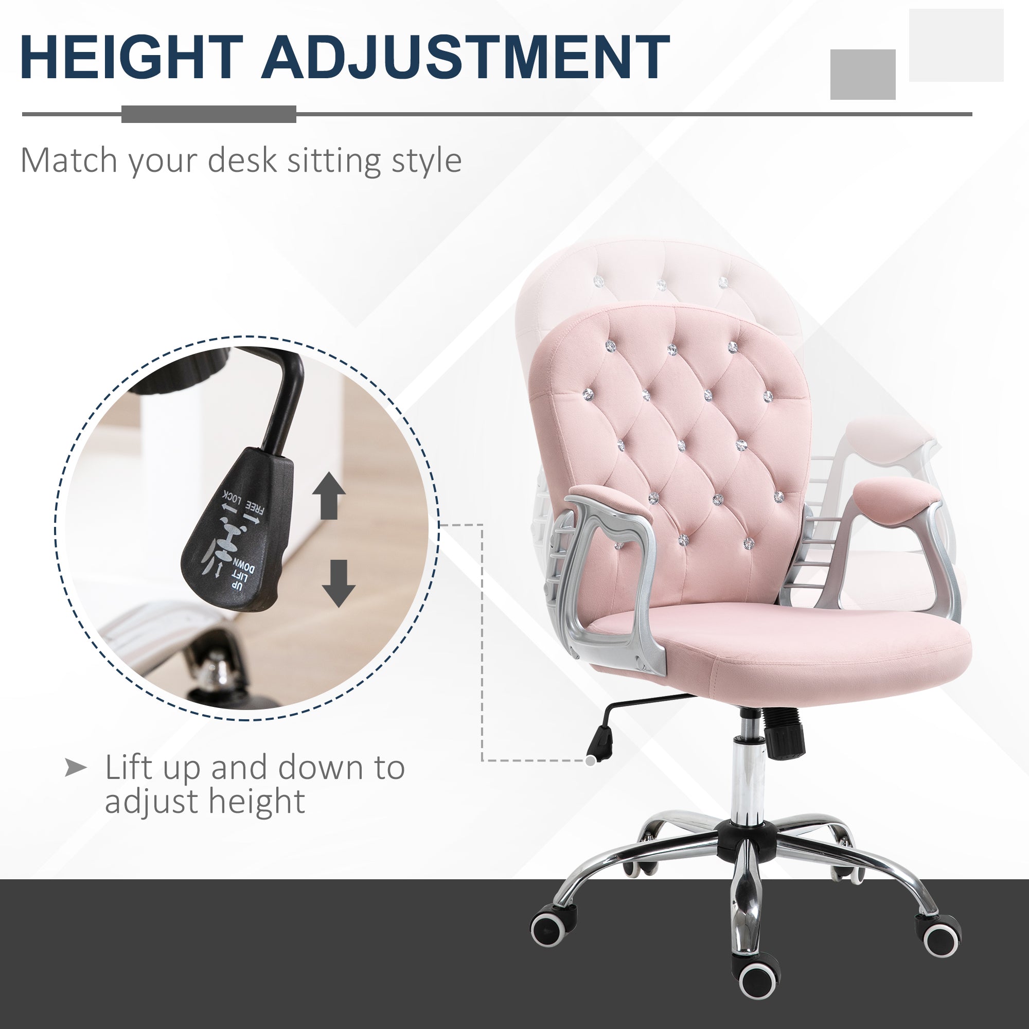 Office Chair Ergonomic 360° Swivel Diamond Tufted Home Work Velour Padded Base 5 Castor Wheels Pink