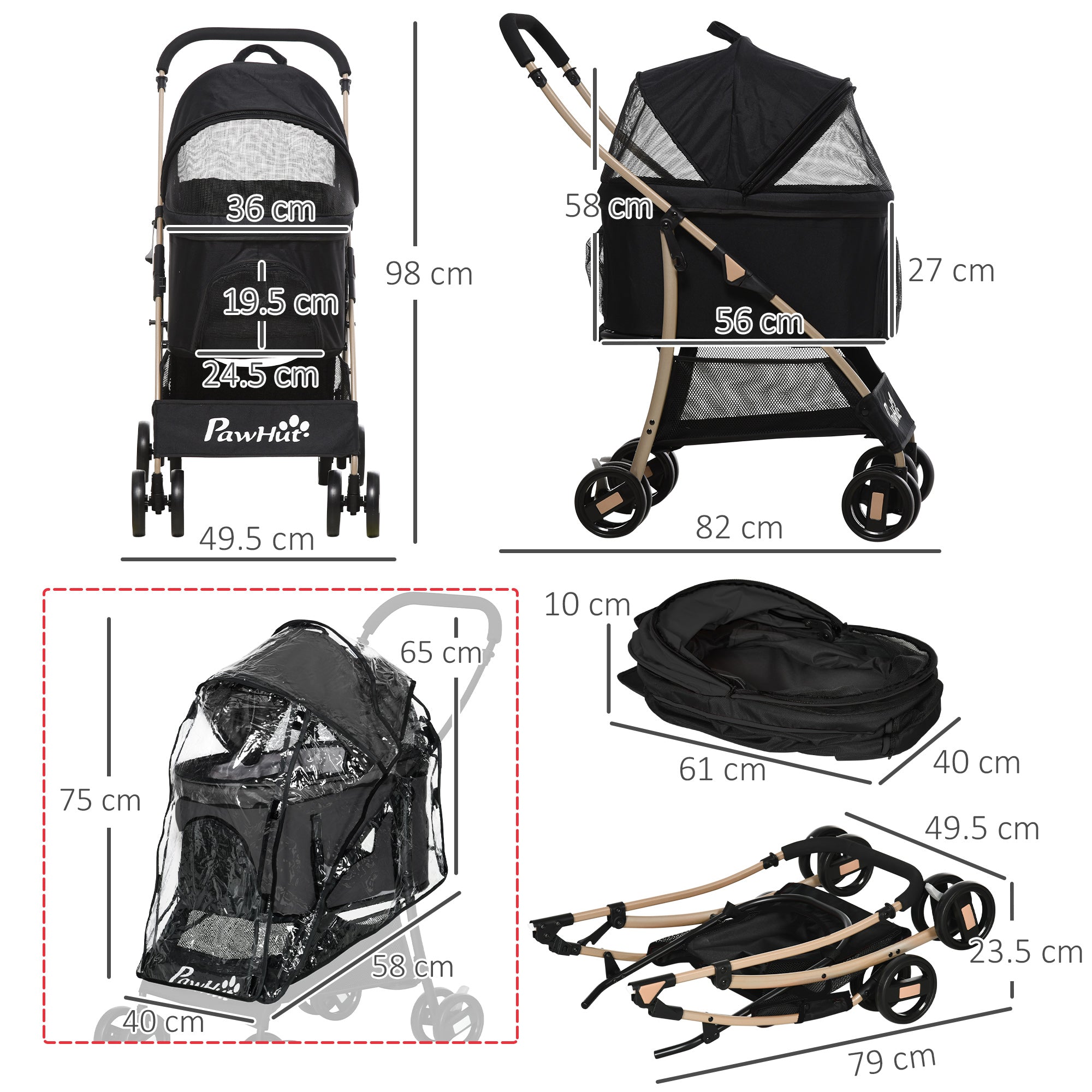 Detachable Pet Stroller with Rain Cover, 3 In 1 Cat Dog Pushchair, Foldable Carrying Bag w/ Universal Wheels, Brake, Canopy, Basket