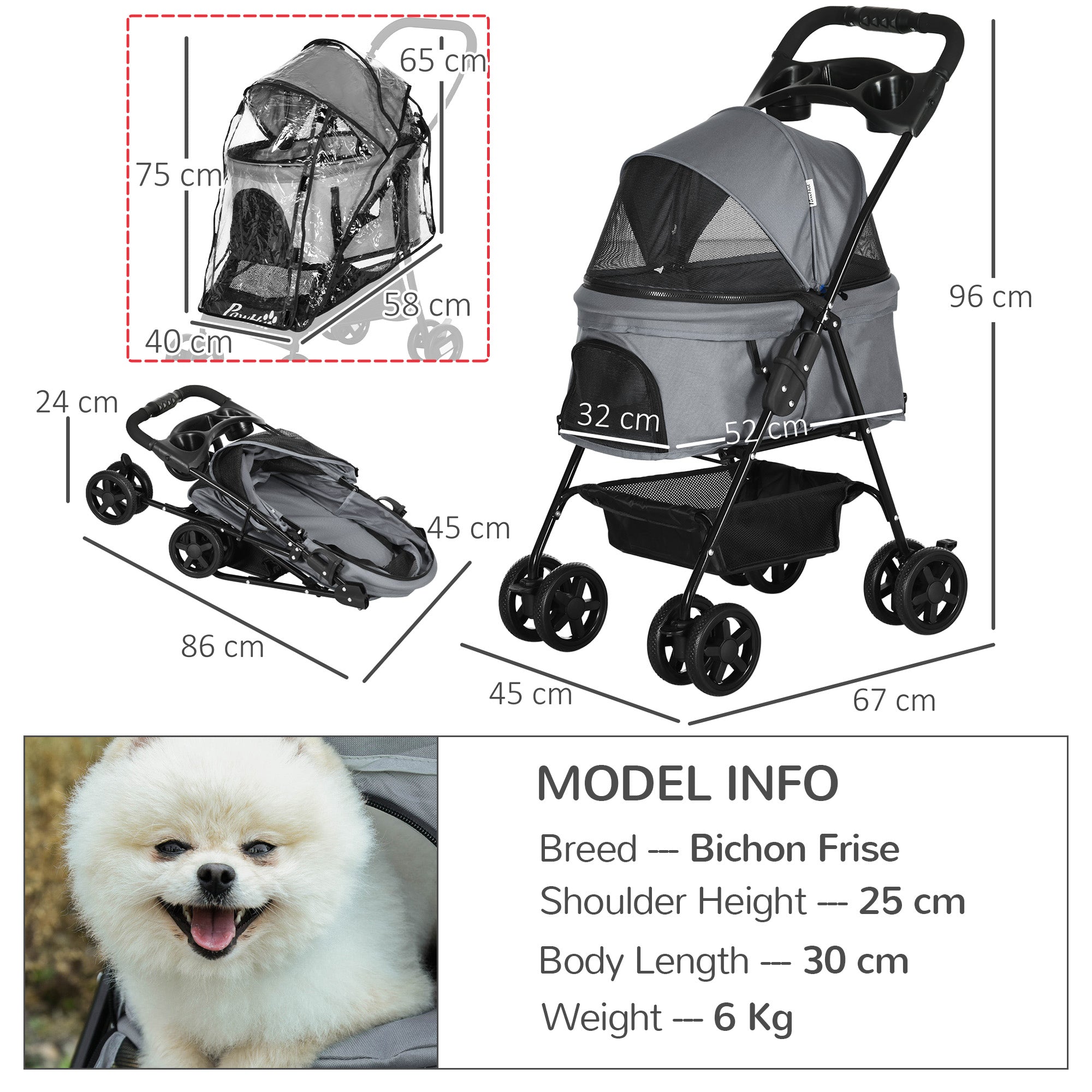 Dog Stroller w/ Rain Cover, Dog Pushchair One-Click Fold Trolley Jogger w/ Wheels, Basket, Adjustable Canopy, Safety Leash for Small Dogs, Grey