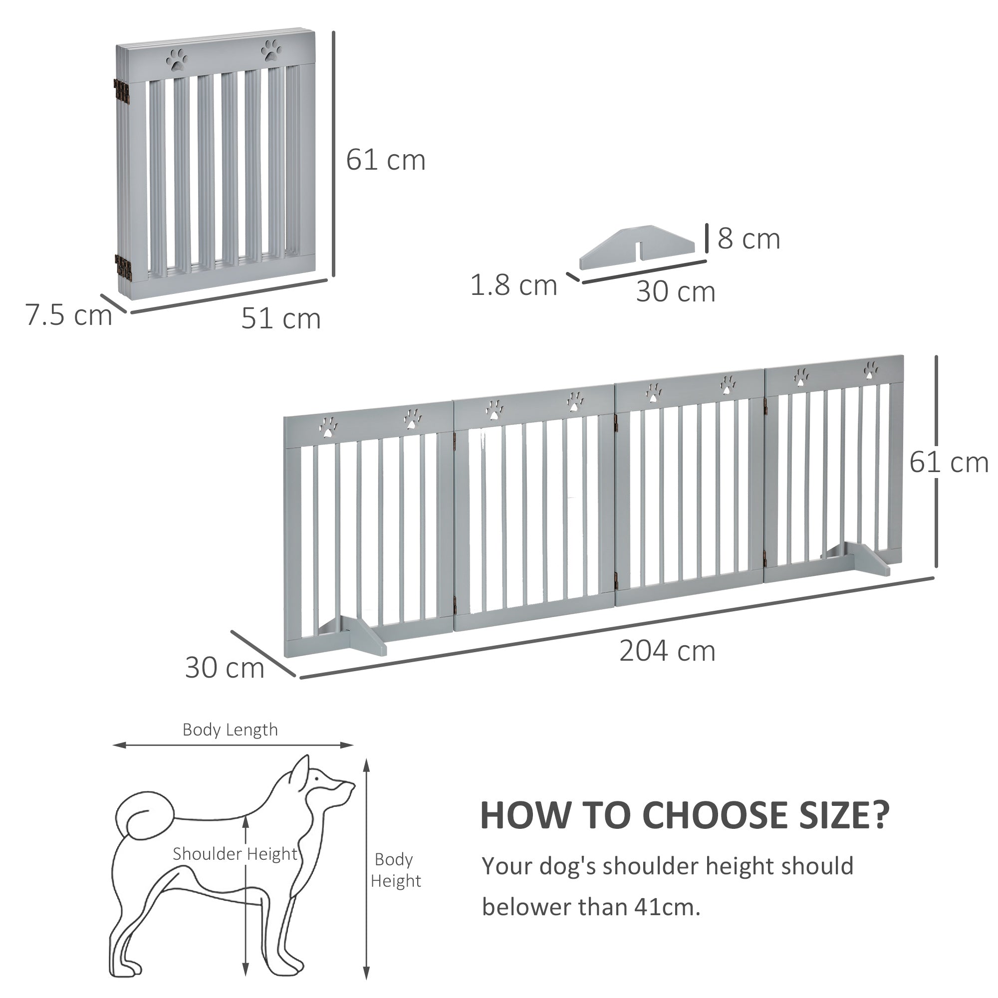 Pet Gate 4 Panel Wooden Dog Barrier Freestanding Folding Safety Fence with Support Feet up to 204cm Long 61cm Tall Light Grey