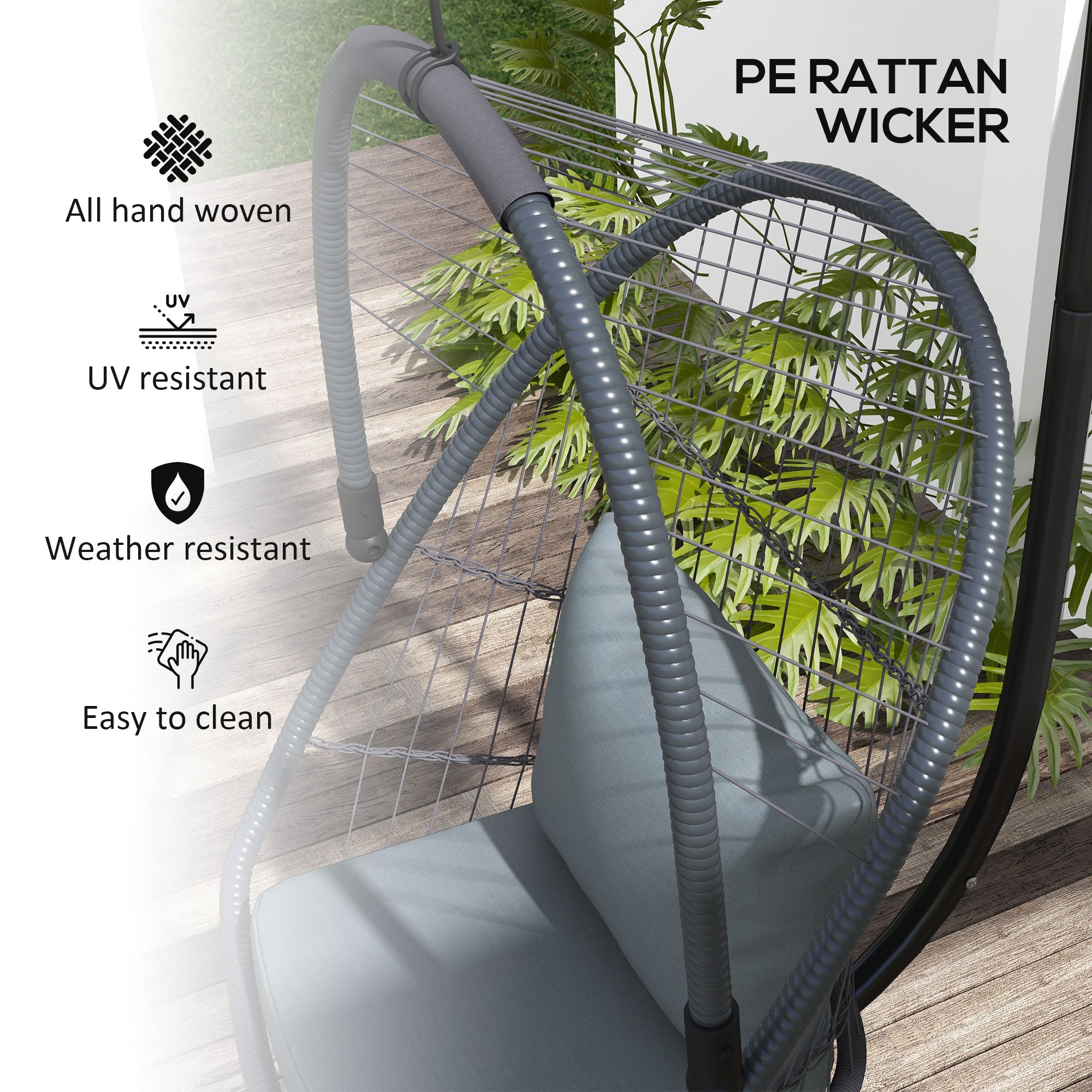 Outdoor PE Rattan Swing Chair with Cushion, Foldable Basket Patio Hanging Chair with Metal Stand, 360° Rotation Spring Hook, Basket Height Adjust with Metal Chain, Grey