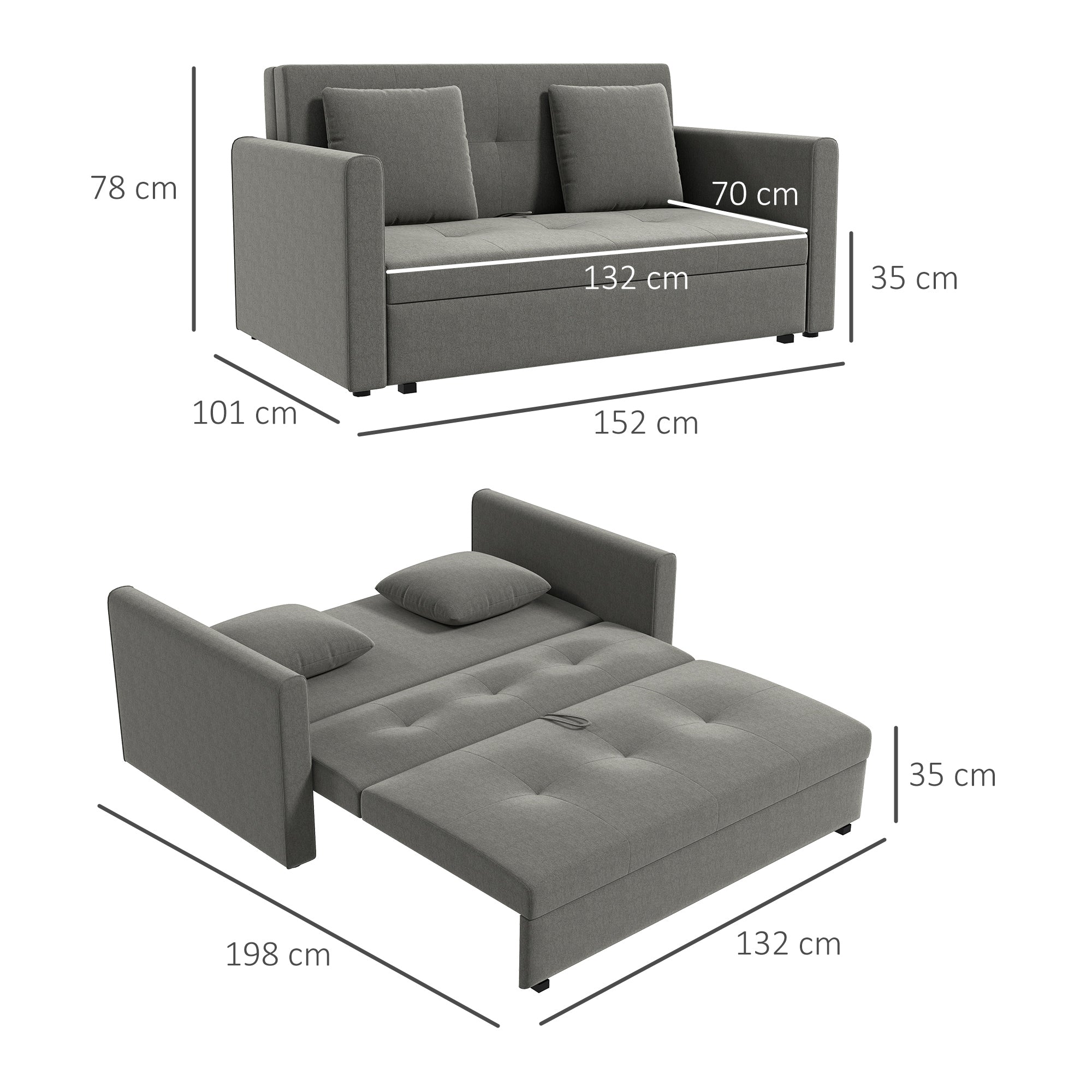 2 Seater Sofa Bed, Convertible Bed Settee, Modern Fabric Loveseat Sofa Couch w/ Cushions, Hidden Storage for Guest Room, Light Grey