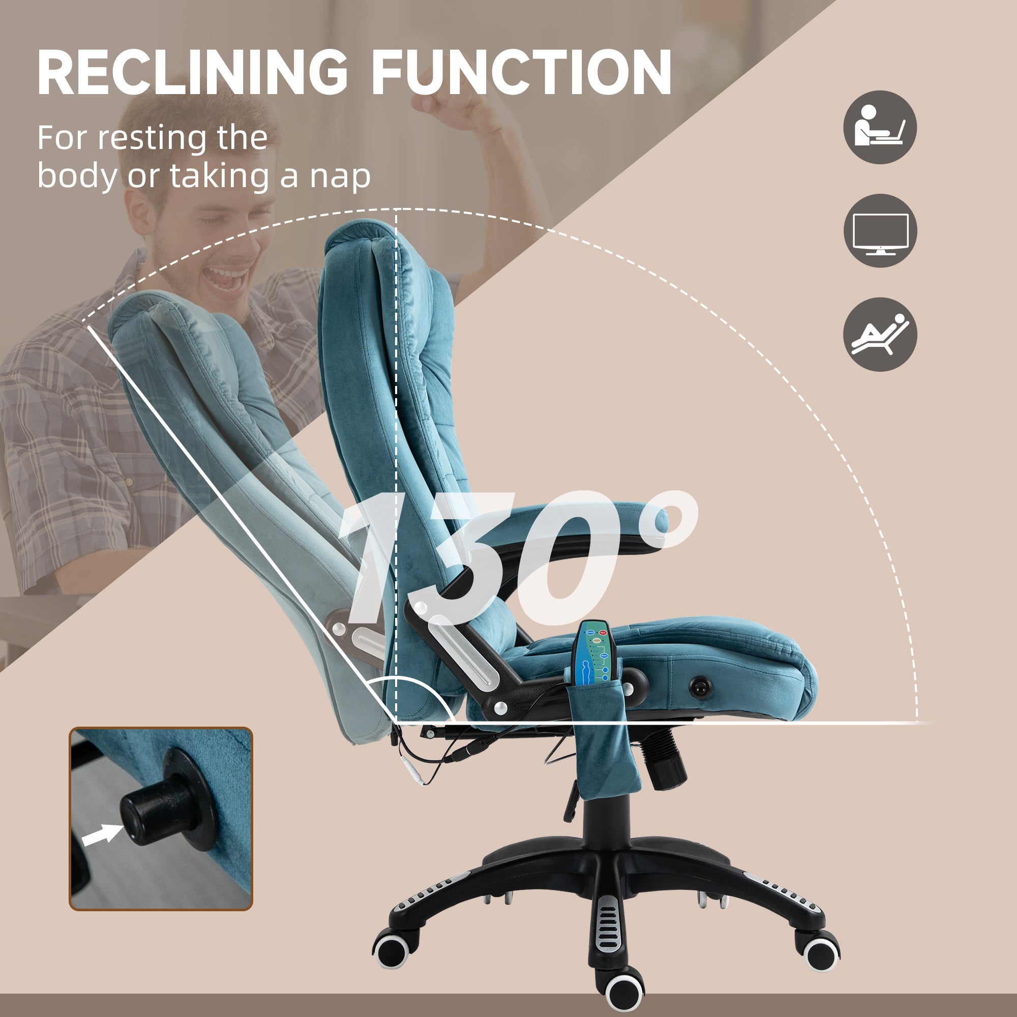 Massage Recliner Chair Heated Office Chair with Six Massage Points Velvet-Feel Fabric 360° Swivel Wheels Blue