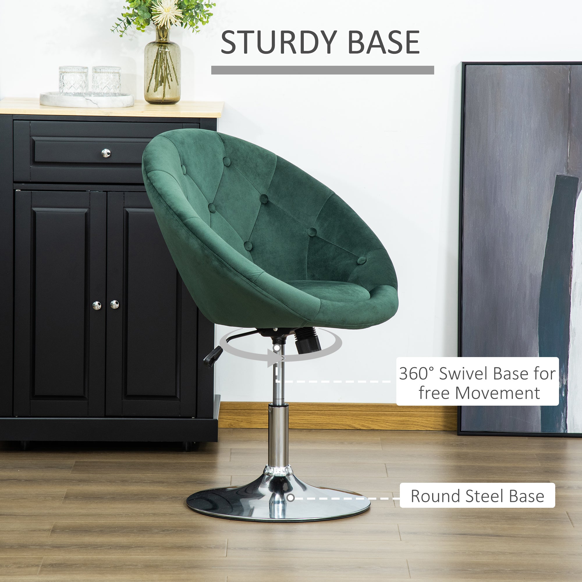 Modern Dining Height Bar Stool Velvet-Touch Tufted Fabric Adjustable Height Armless Tub Chair with Swivel Seat, Green