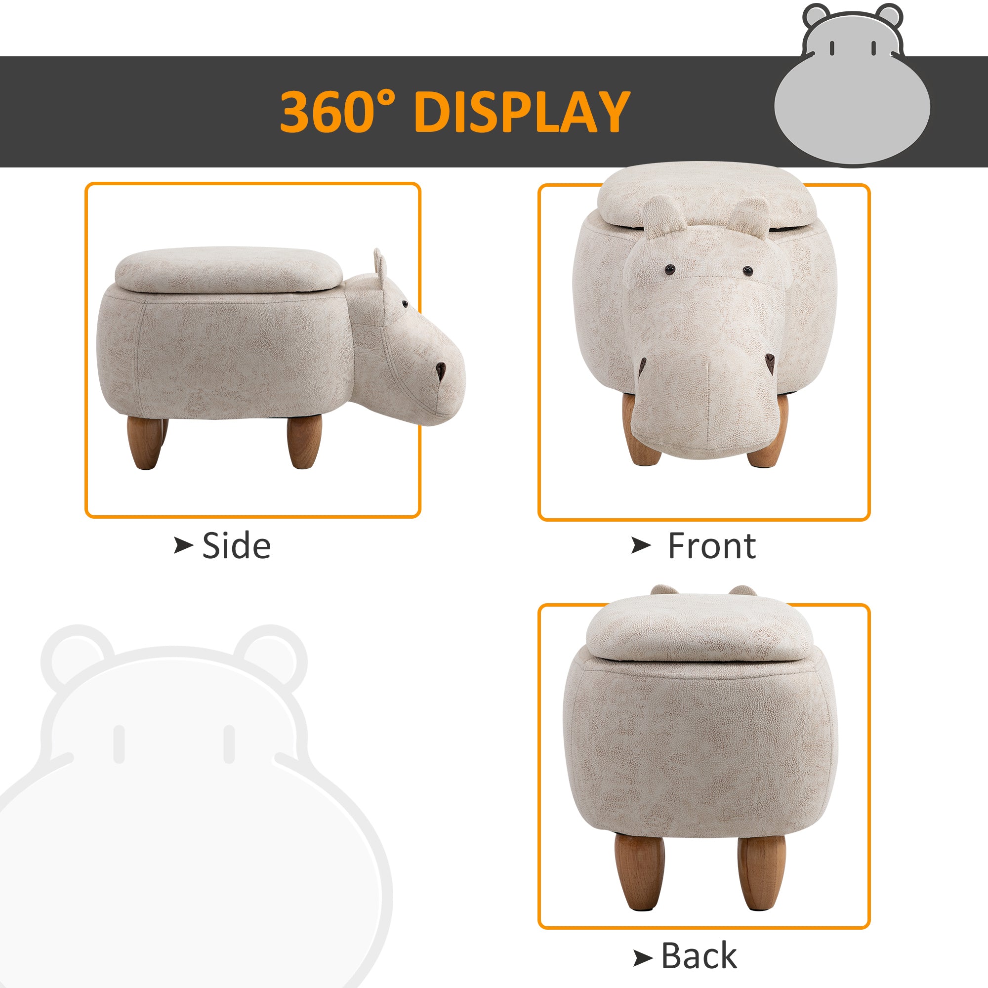 Hippo Storage Stool Cute Decoration Footrest Wood Frame Legs with Padding Lid Ottoman Animal Furniture Cream 36 x 65cm