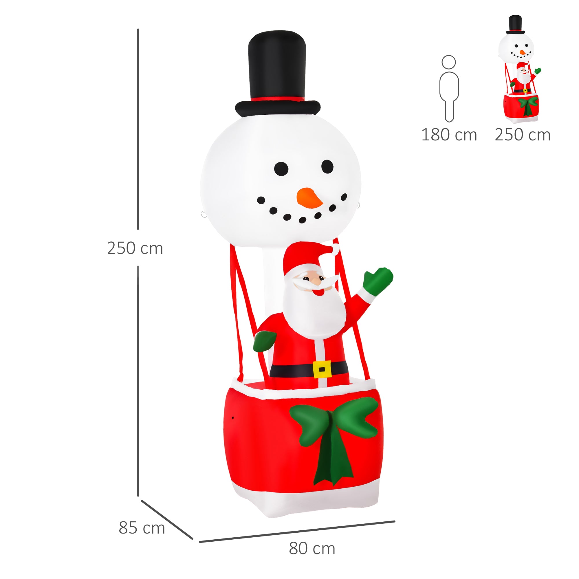 2.5m Christmas Inflatable Decoration Santa on Snowman Hot Air Balloon with LED Lights - White, Black, Red, Green
