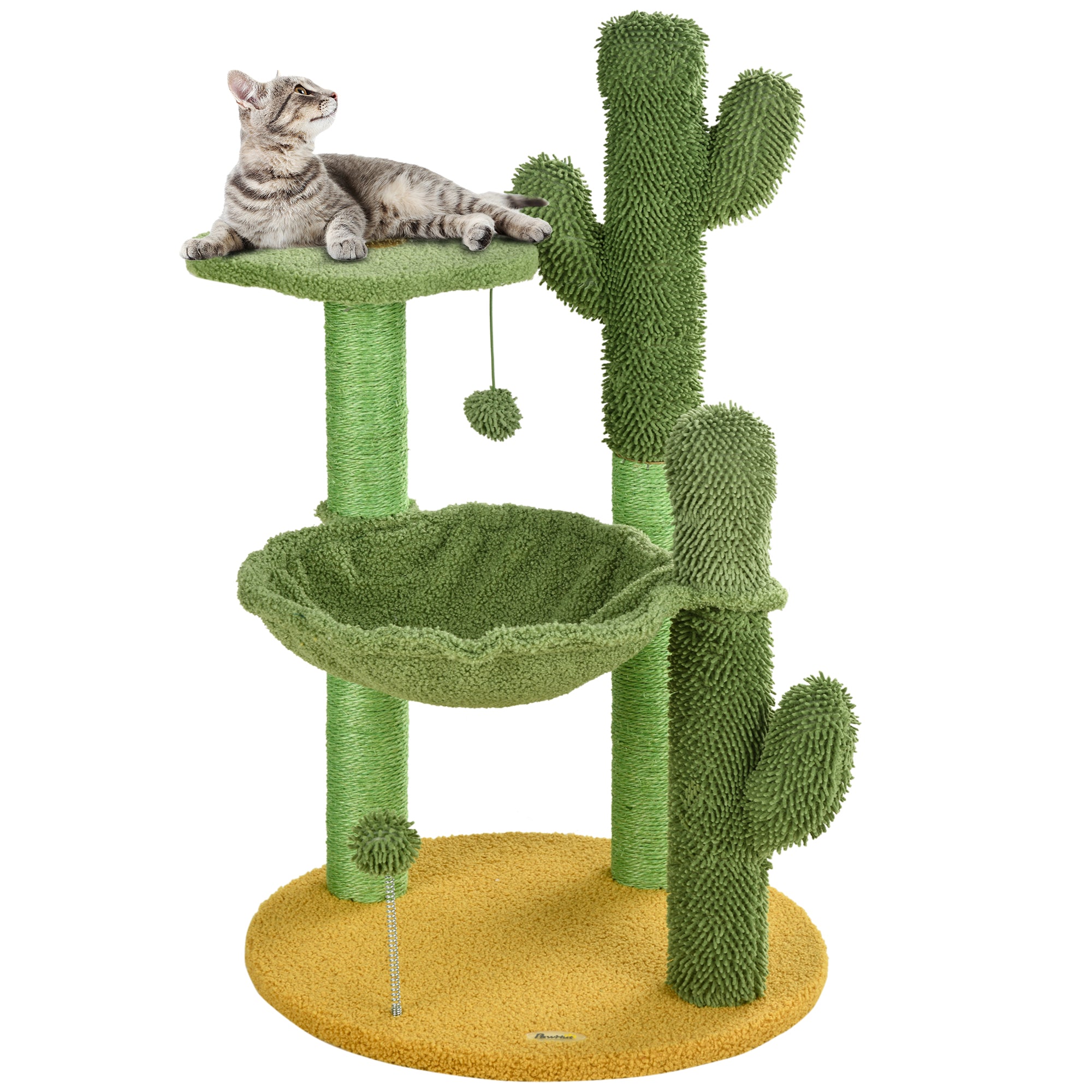 82cm Chenille Cactus Cat Tree with Scratching Post, Hammock, Green