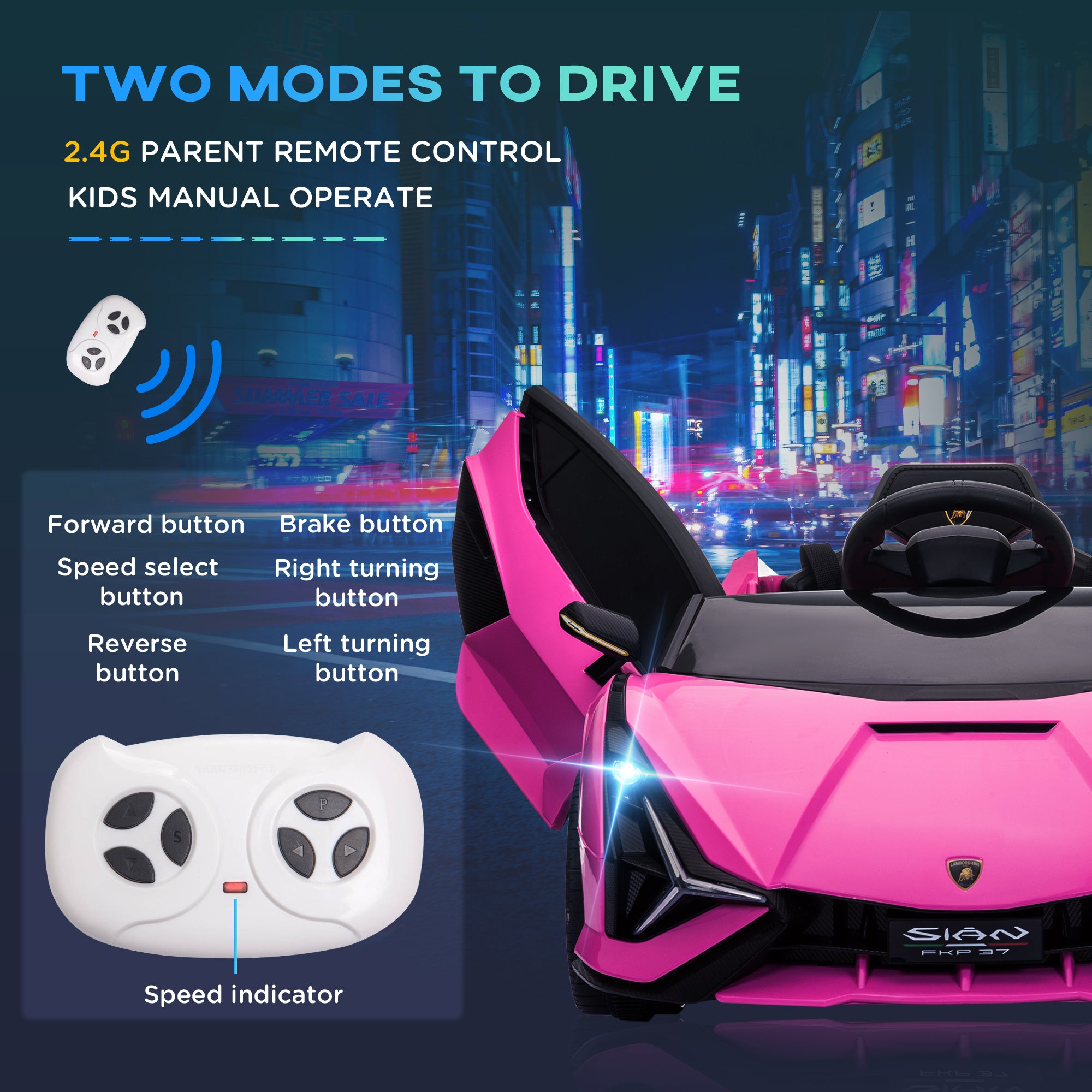 Compatible 12V Battery-powered Kids Electric Ride On Car Lamborghini SIAN Toy with Parental Remote Control Lights MP3 for 3-5 Years Old Pink