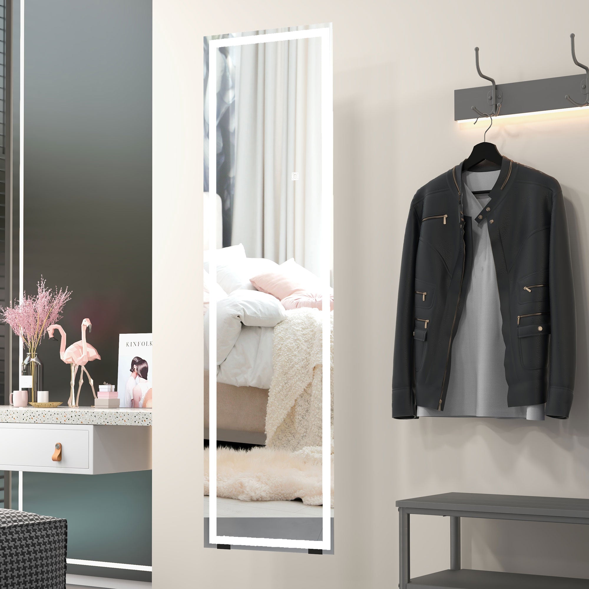 Standing Dressing Mirror with LED Lights, Wall Dressing Mirror for Bedroom with Dimmable and 3 Colour Lighting, White