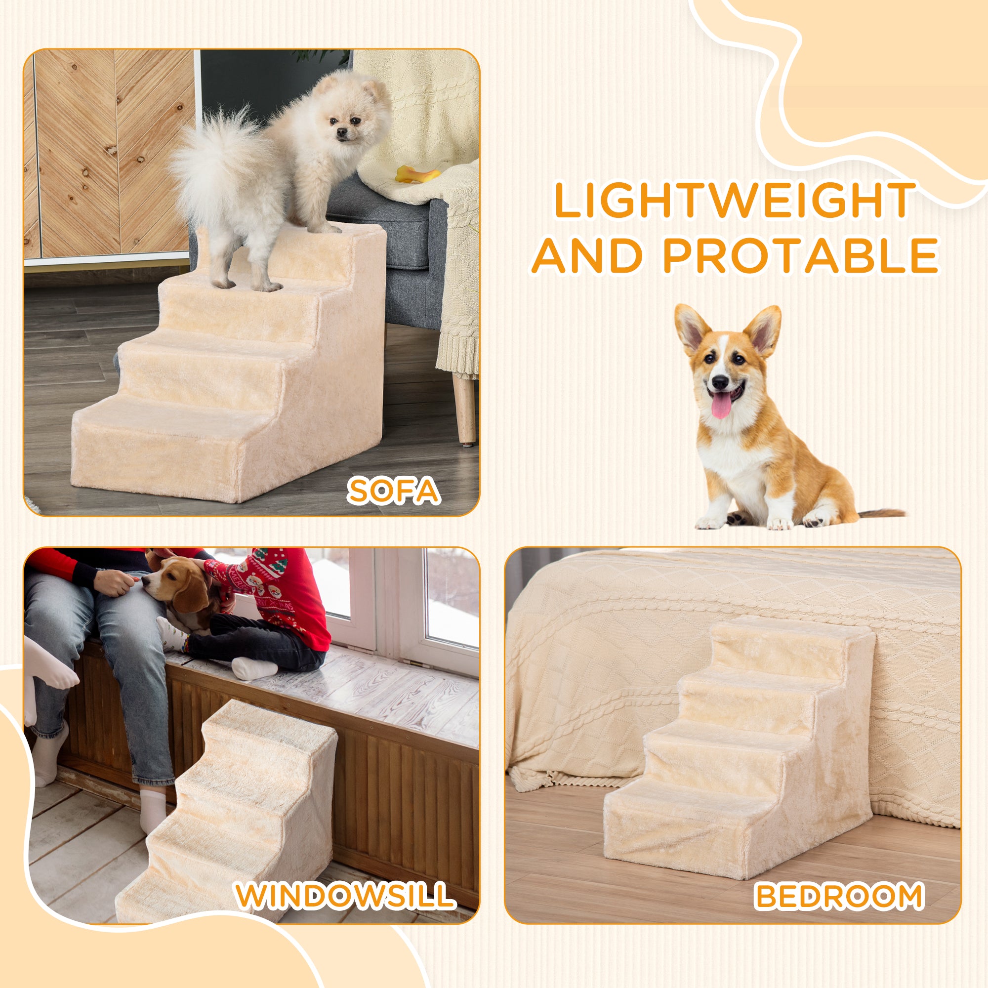 Dog Steps 4-Steps Design with Washable Plush Cover for High Bed Sofa, Dog Stairs for Small Dog and Cat