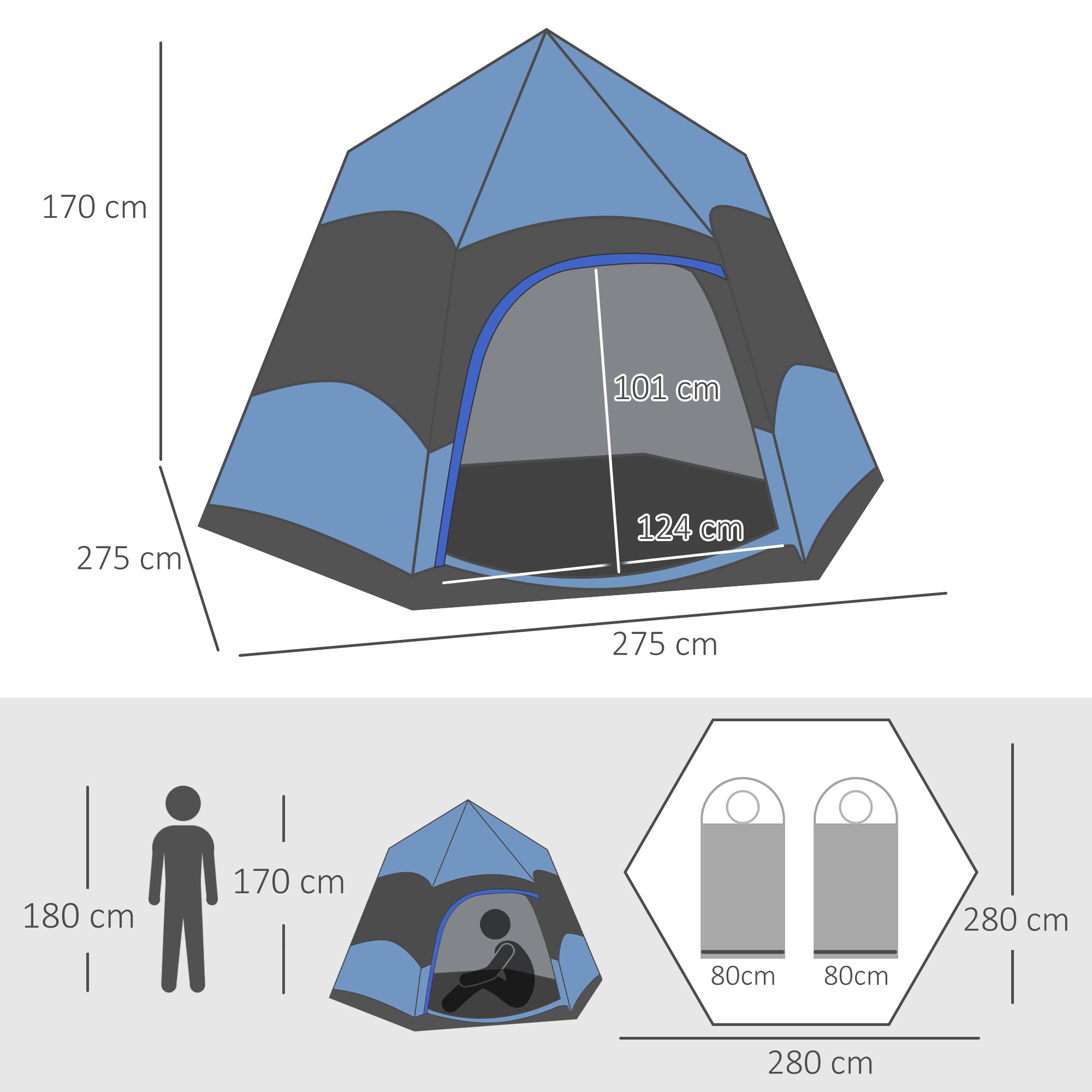 4-Person Double Layer Hexagon Dome Pop Up Camping Tent with Rainfly and Welded Floor - Blue and Black