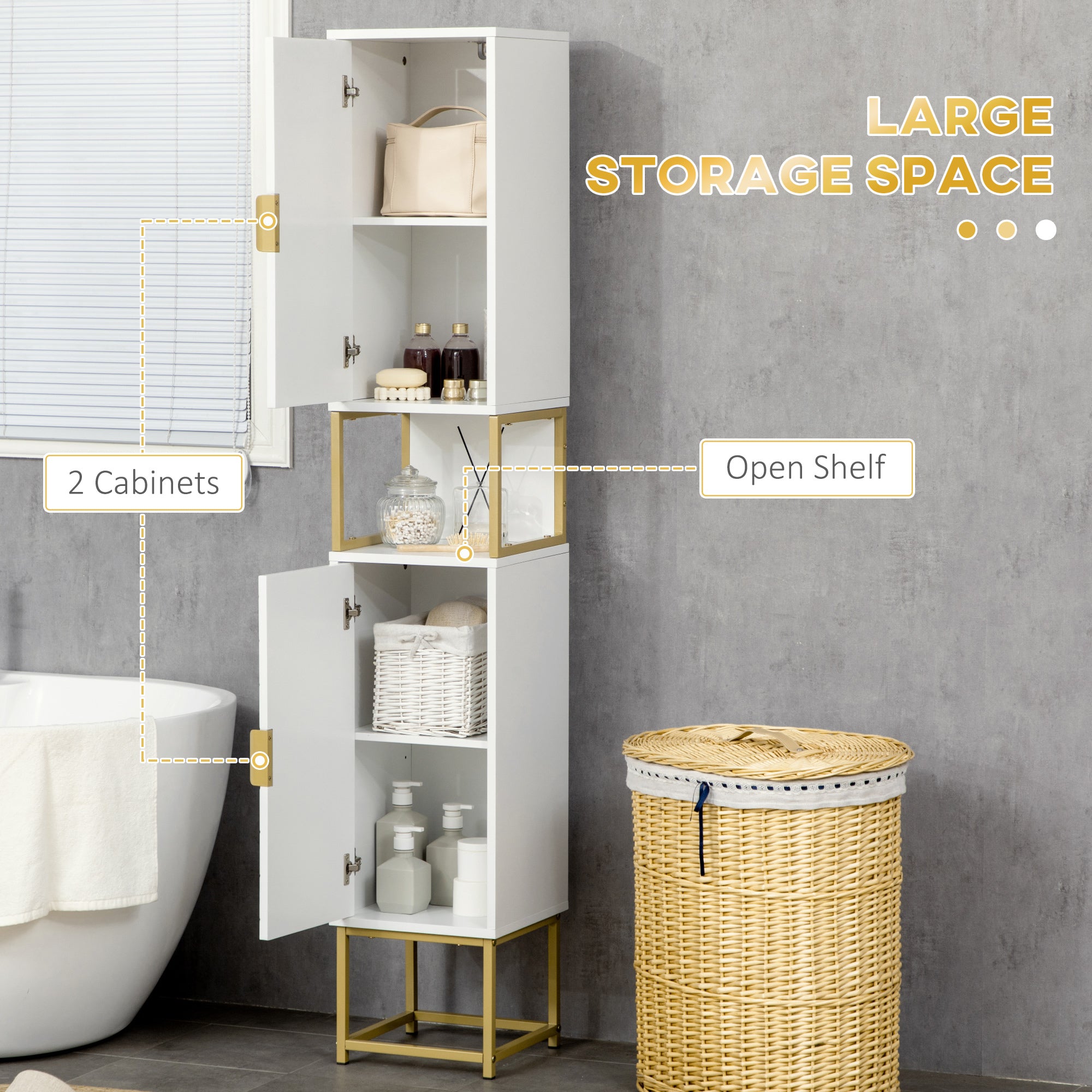 Narrow Bathroom Storage Cabinet with Adjustable Shelf and Gold Accents - White