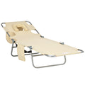 Foldable Sun Lounger with 5-Position Adjustable Backrest, Reading Hole, Arm Slots, Side Pocket & Pillow - Beige