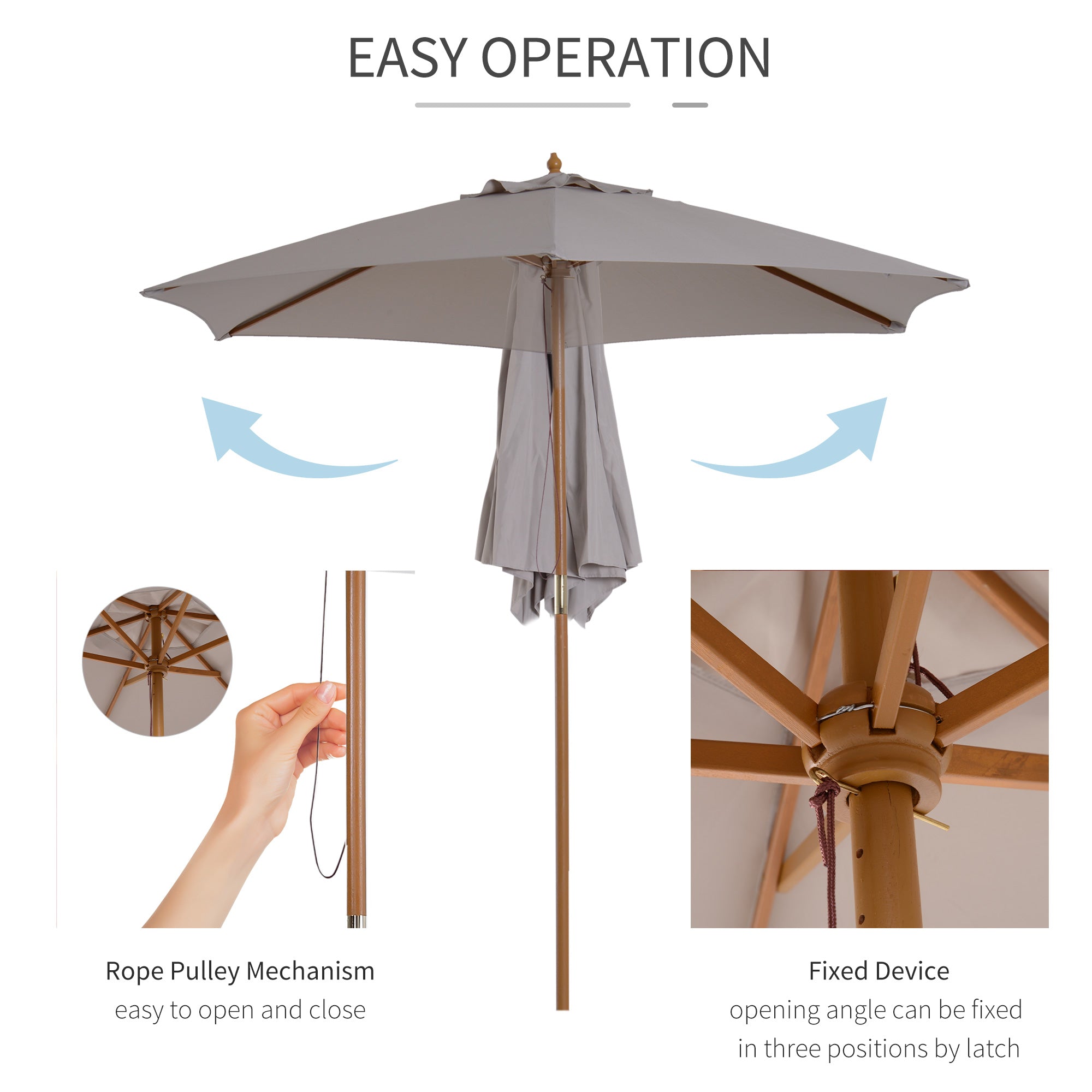 2.5m Wooden Garden Parasol with Ventilated Polyester Canopy - Grey