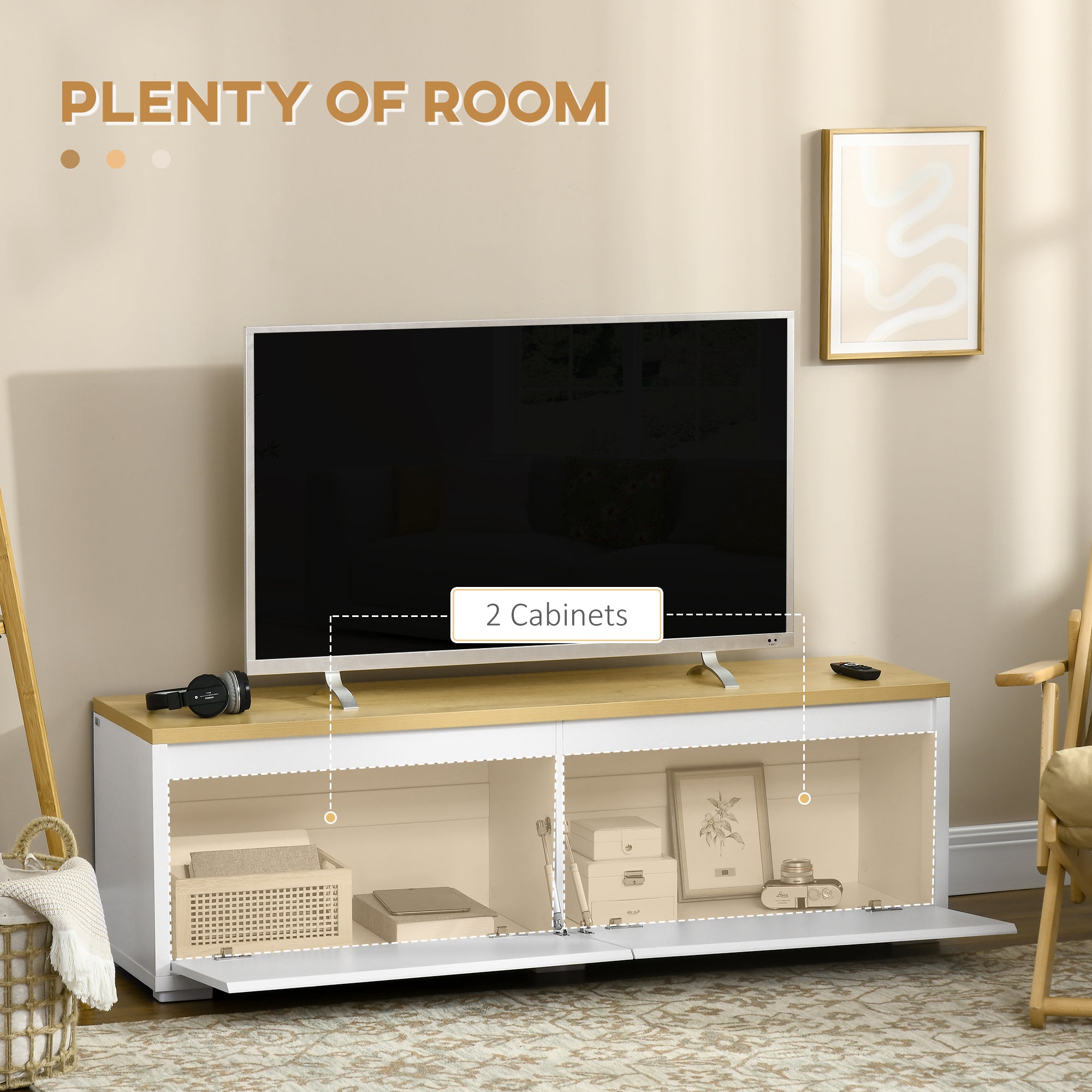 Modern TV Stand, 140cm Modern TV Unit with 2 Cupboards for TVs up to 65 Inches, Wood Entertainment Unit for Living Room, White