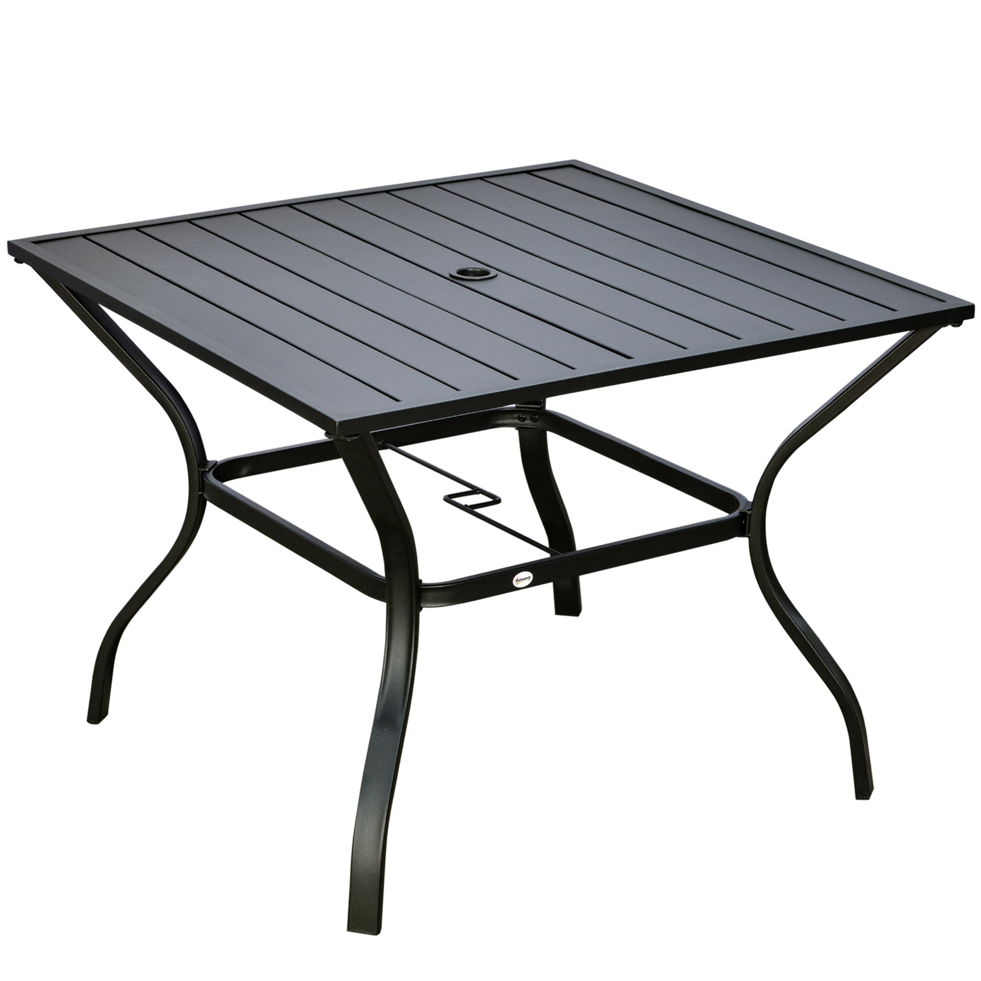 Garden Table with Parasol Hole, Outdoor Dining Garden Table for Four, Square Patio Table with Slatted Metal Plate Top, Black