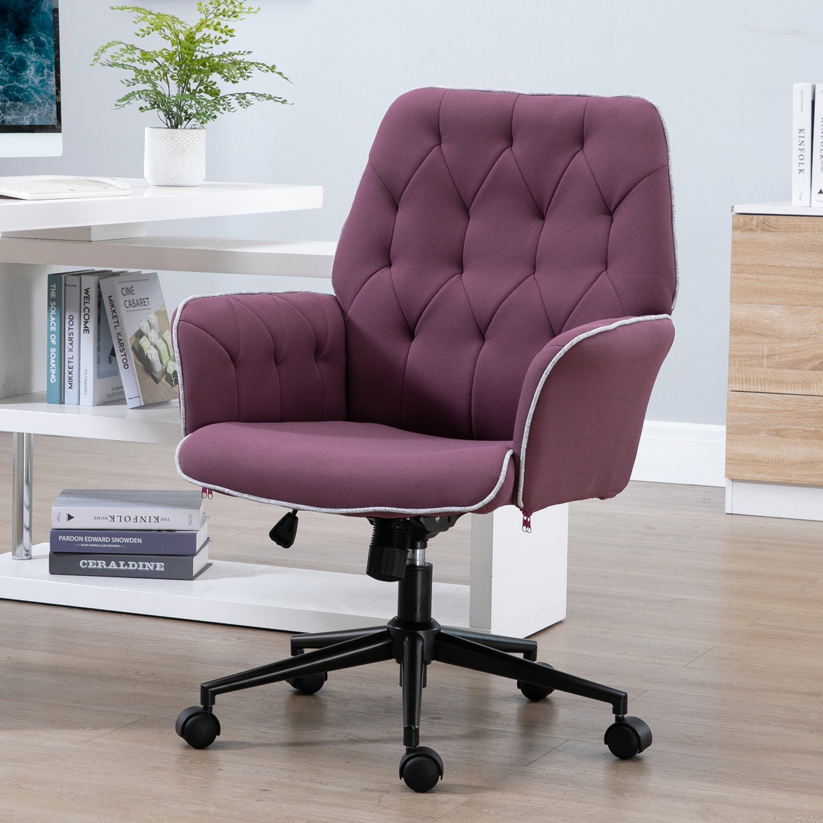 Linen Office Swivel Chair Mid Back Computer Desk Chair with Adjustable Seat, Arm - Purple