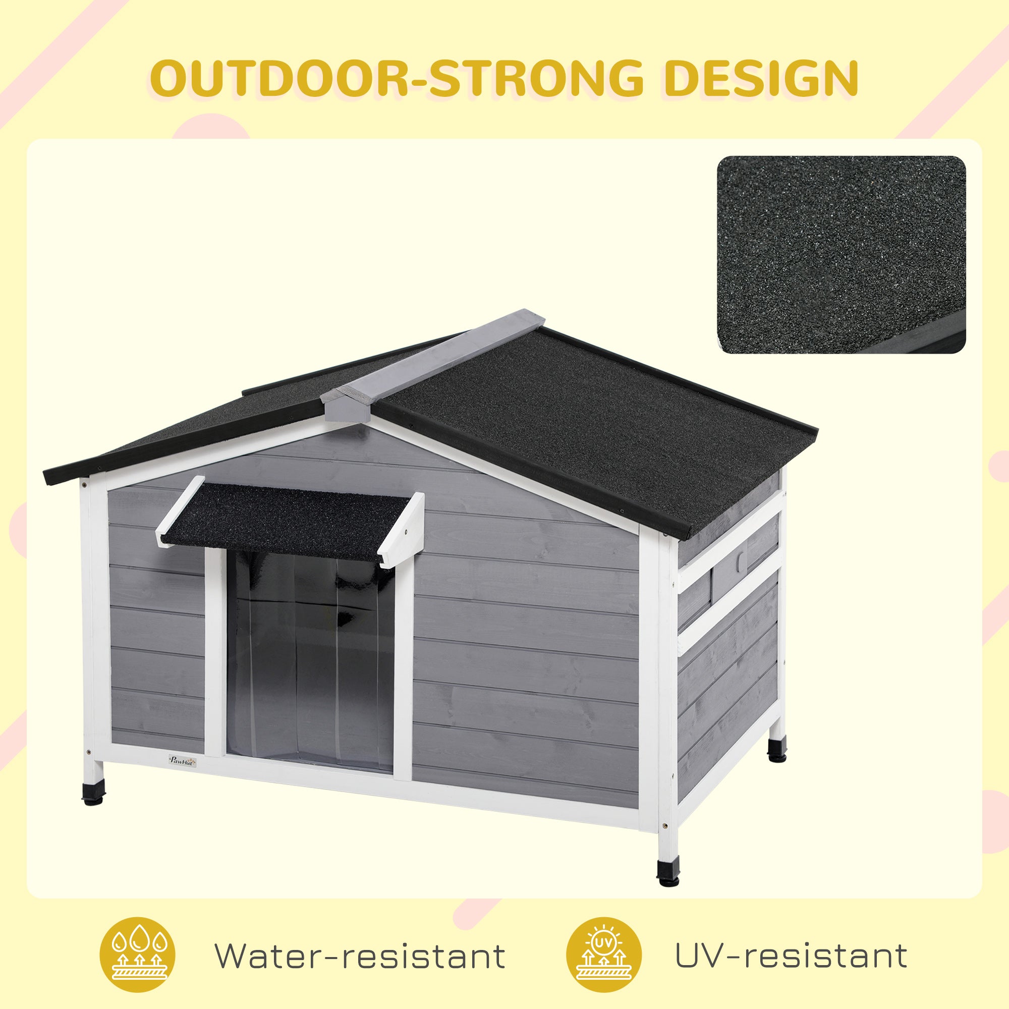 Large Wooden Dog Kennel Elevated Dog Kennels for Outside, w/ Openable Top, Asphalt Roof, Removable Tray, Adjustable Leg, Grey