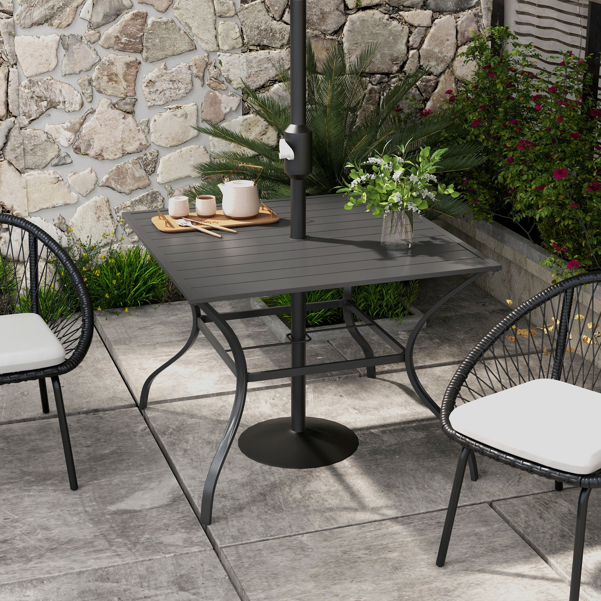 94 * 94 cm Garden Table with Parasol Hole, Outdoor Dining Garden Table for Four with Slatted Metal Plate Top, Dark Grey