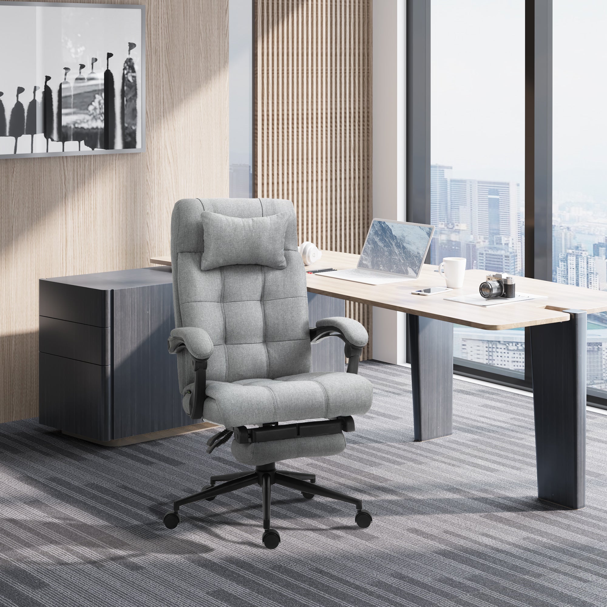 Office Chair with Footrest Ergonomic Office Chair with Armrests Lumber Support and Headrest Light Grey