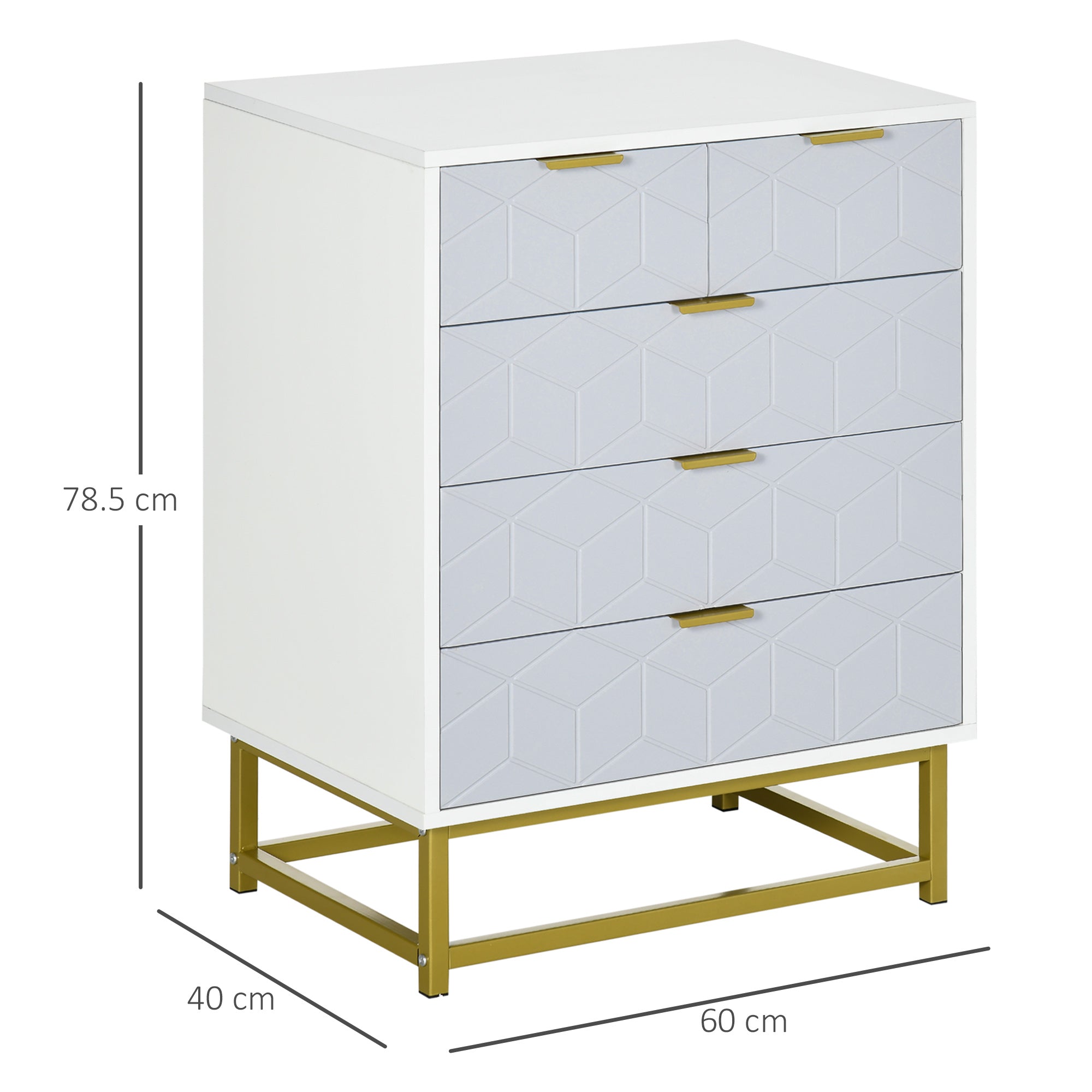 Modern Chest of Drawers, 5-Drawer Storage Organizer Unit with Golden Effect Steel Base for Bedroom, Living Room, Natural, White
