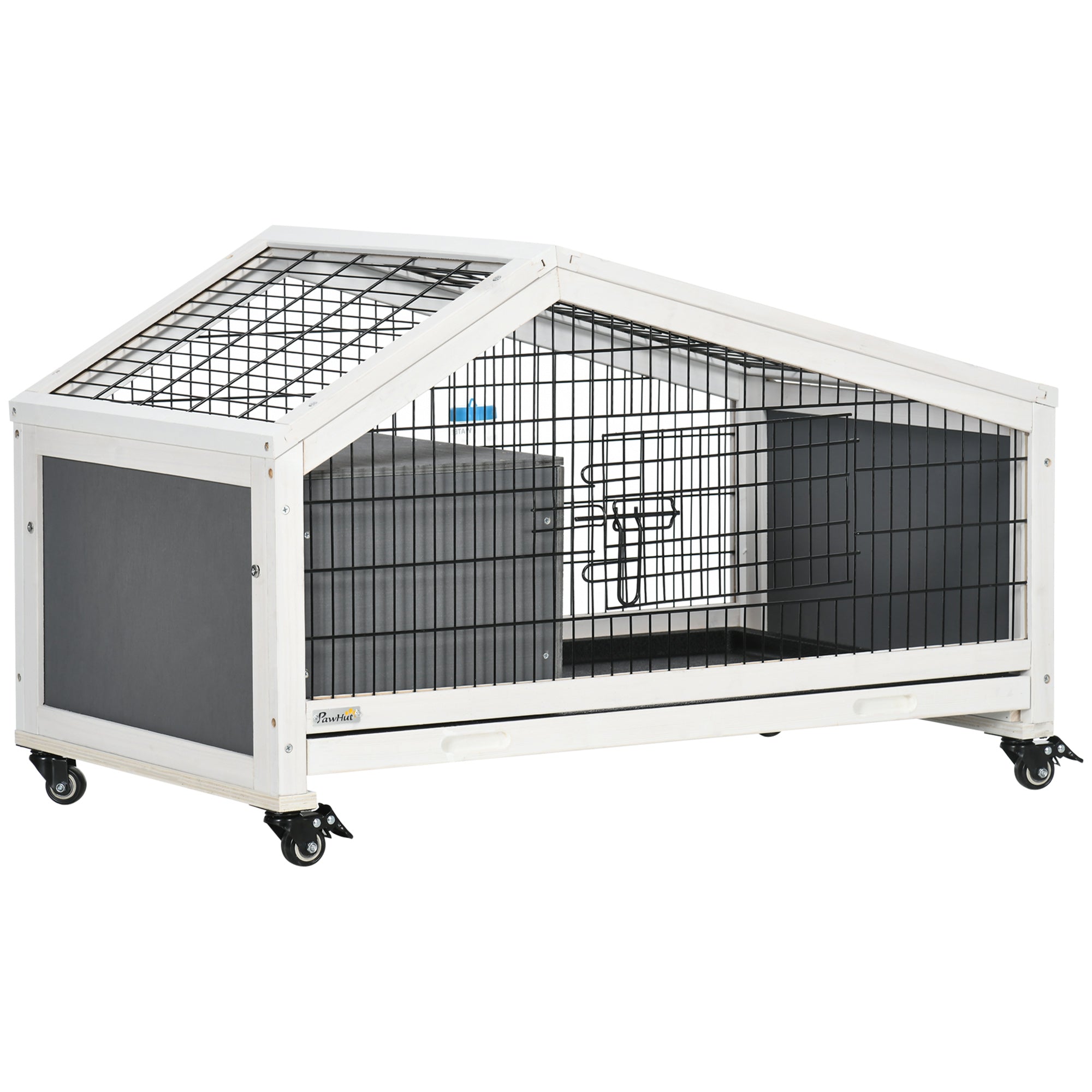 Rabbit Hutch with Water Bottle, Guinea Pig Cage with Wheels, Bunny Run with Plastic Slide-out Tray, Small Animal House for Indoor, Dark Grey