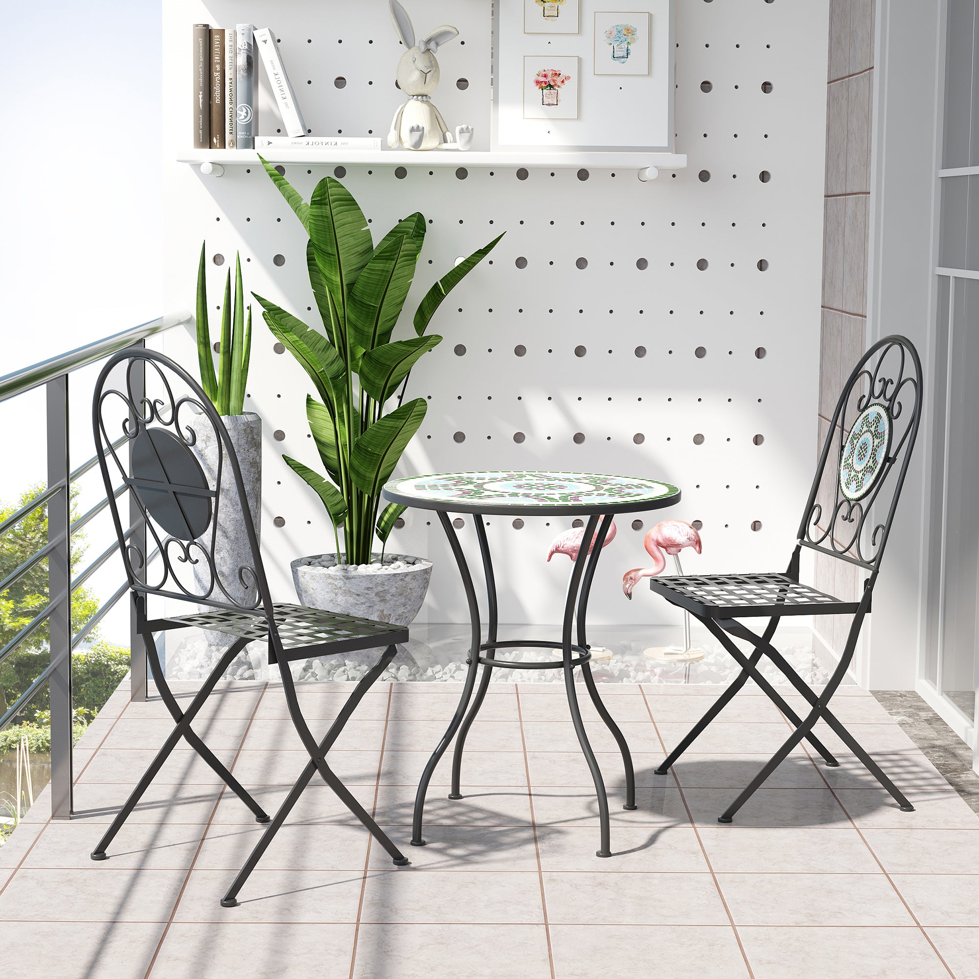 3pc Bistro Set Metal Dining Set Mosaic Garden Table 2 Seater Folding Chairs Patio Furniture Outdoor