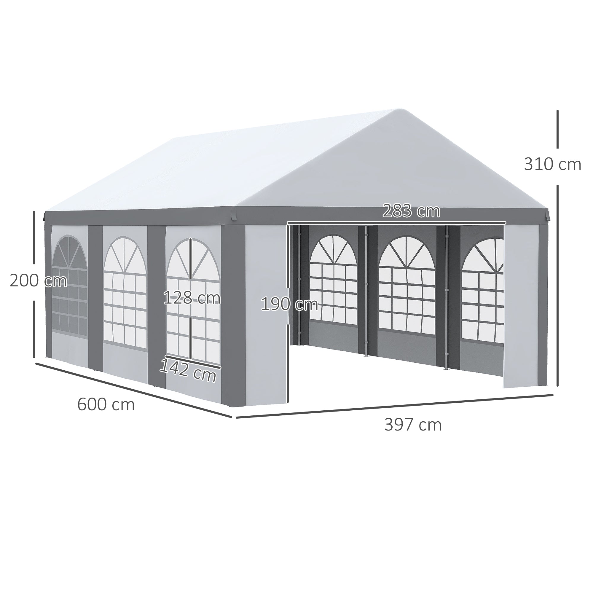 6 x 4m Galvanised Party Tent, Marquee Gazebo with Sides, Six Windows and Double Doors, for Parties, Wedding and Events, White and Grey