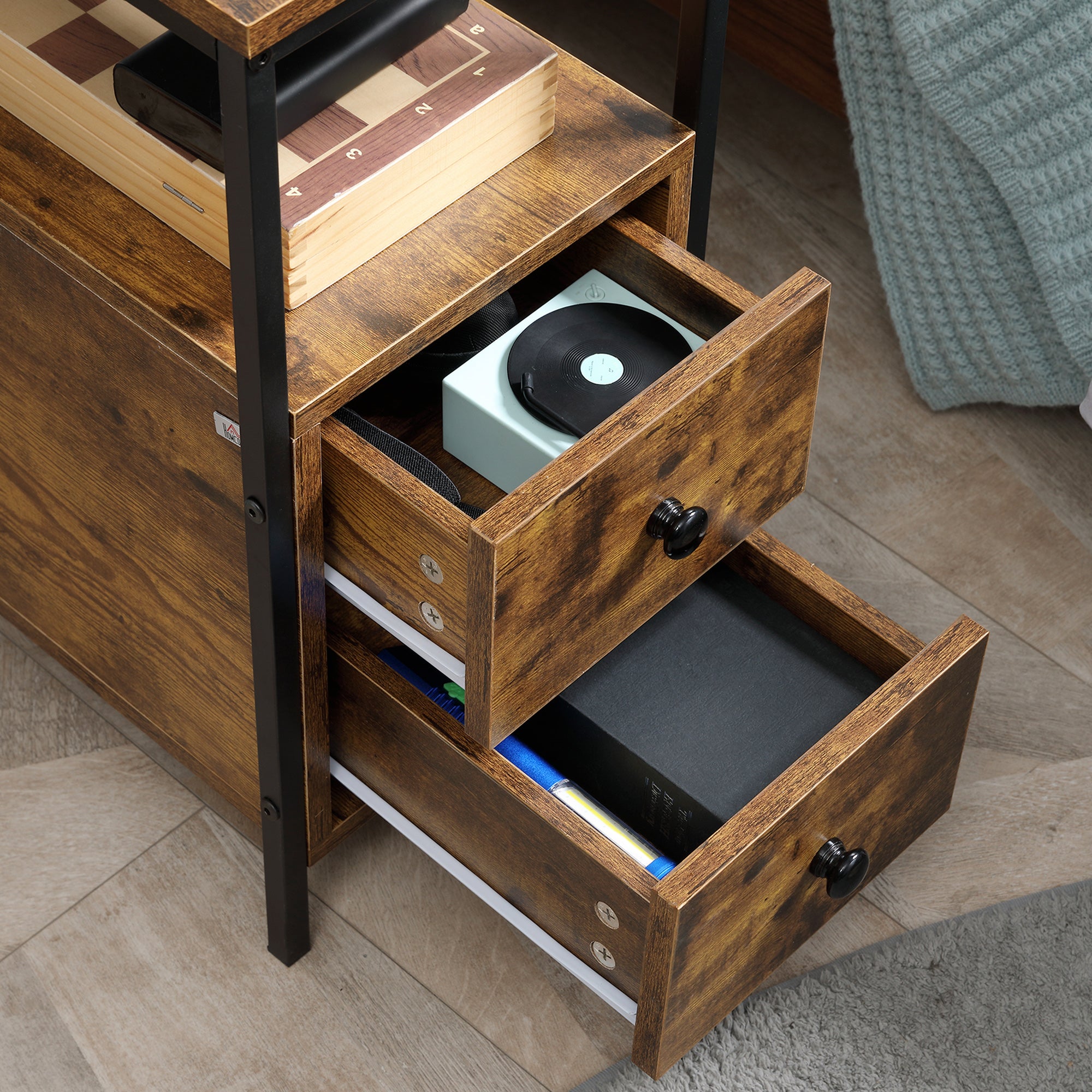 Side Table with 2 Drawers and Storage Shelf, Narrow End Table Bedside Table with Metal Frame for Small Spaces, Rustic Brown