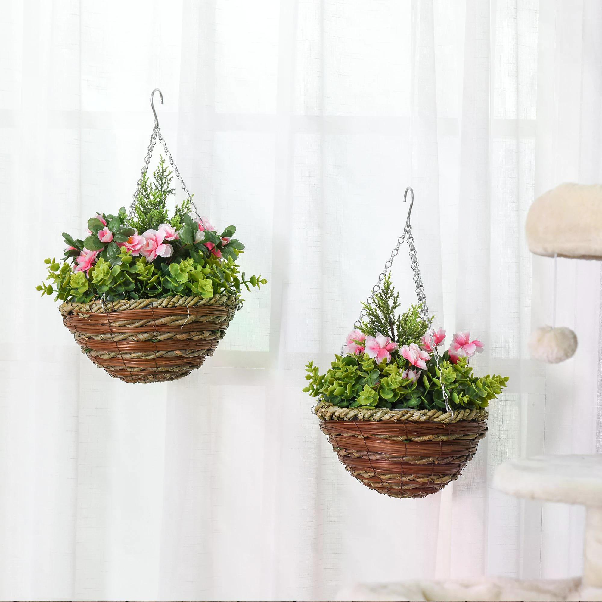 Set of 2 Artificial Plant Lisianthus Flowers Hanging Planter with Basket for Indoor Outdoor Decoration