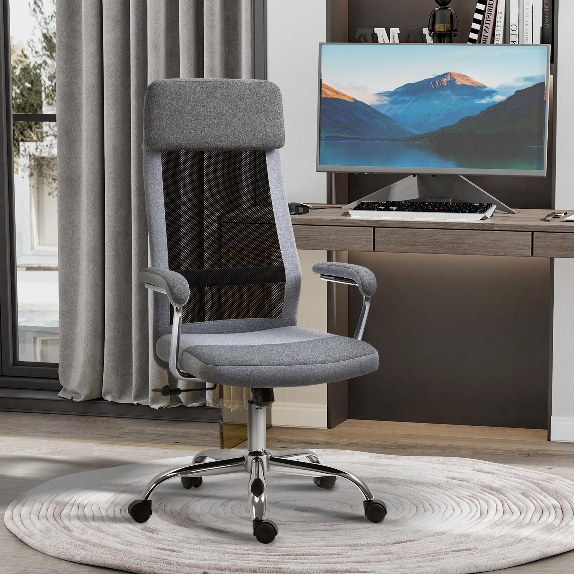 Office Chair Linen-Feel Mesh Fabric High Back Swivel Computer Task Desk Chair for Home with Arm, Wheels, Grey