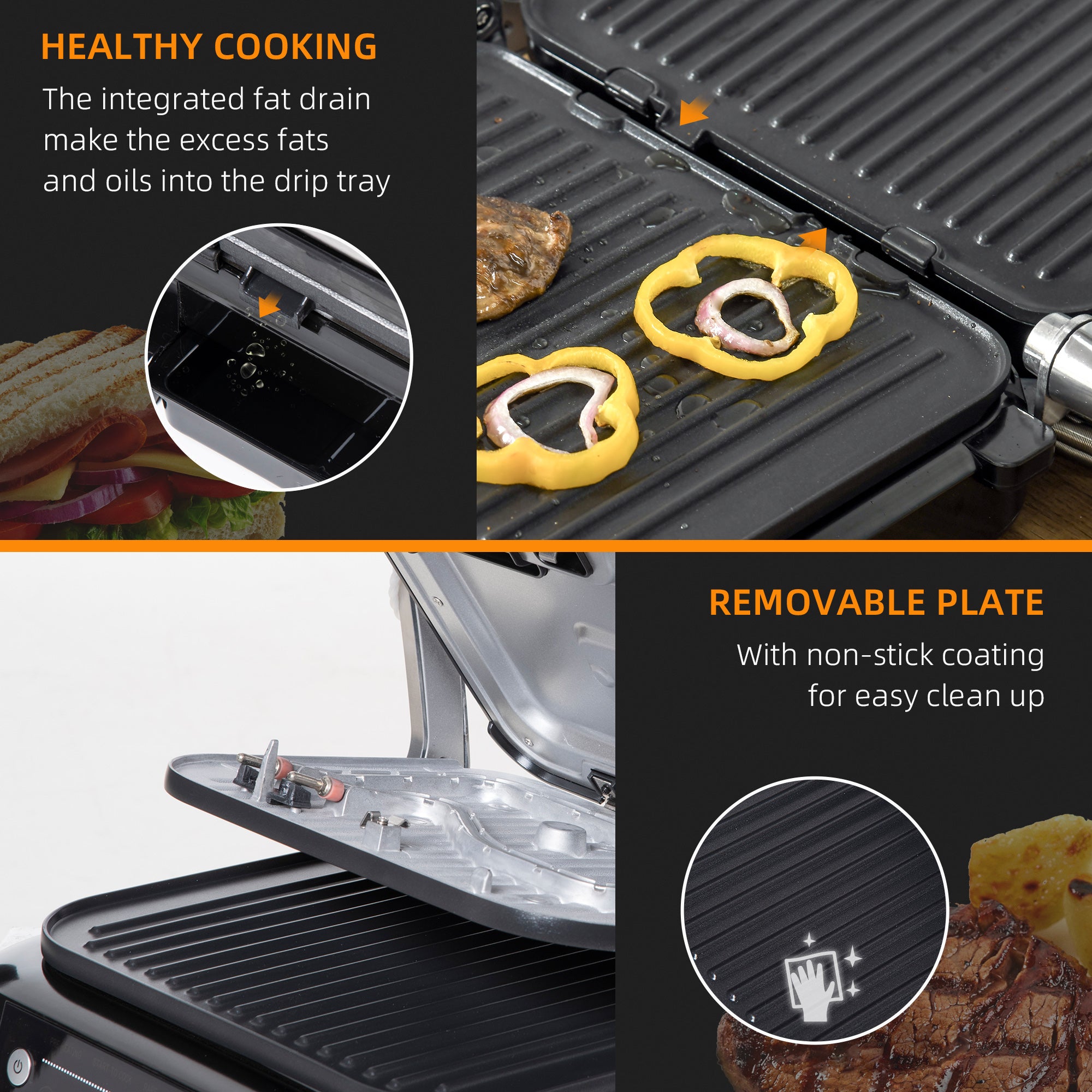 Health Grill & Panini Press, 2100W Electric Non-stick Grill with 180° Flat Open, Drip Tray, Removable Plate, Spatula and 8 Automatic Settings