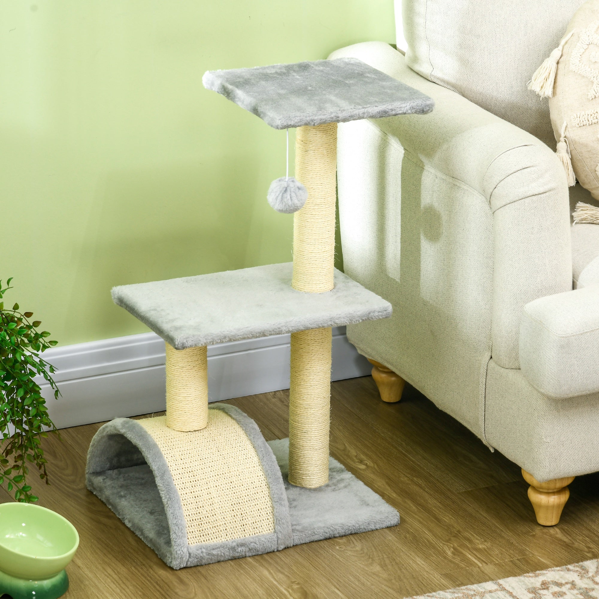 72cm Cat Tree Tower for Indoor Cats, Multi-level Climbing Activity Centre with Sisal Scratching Post, Pad, Hanging Ball, Toy, Light Grey