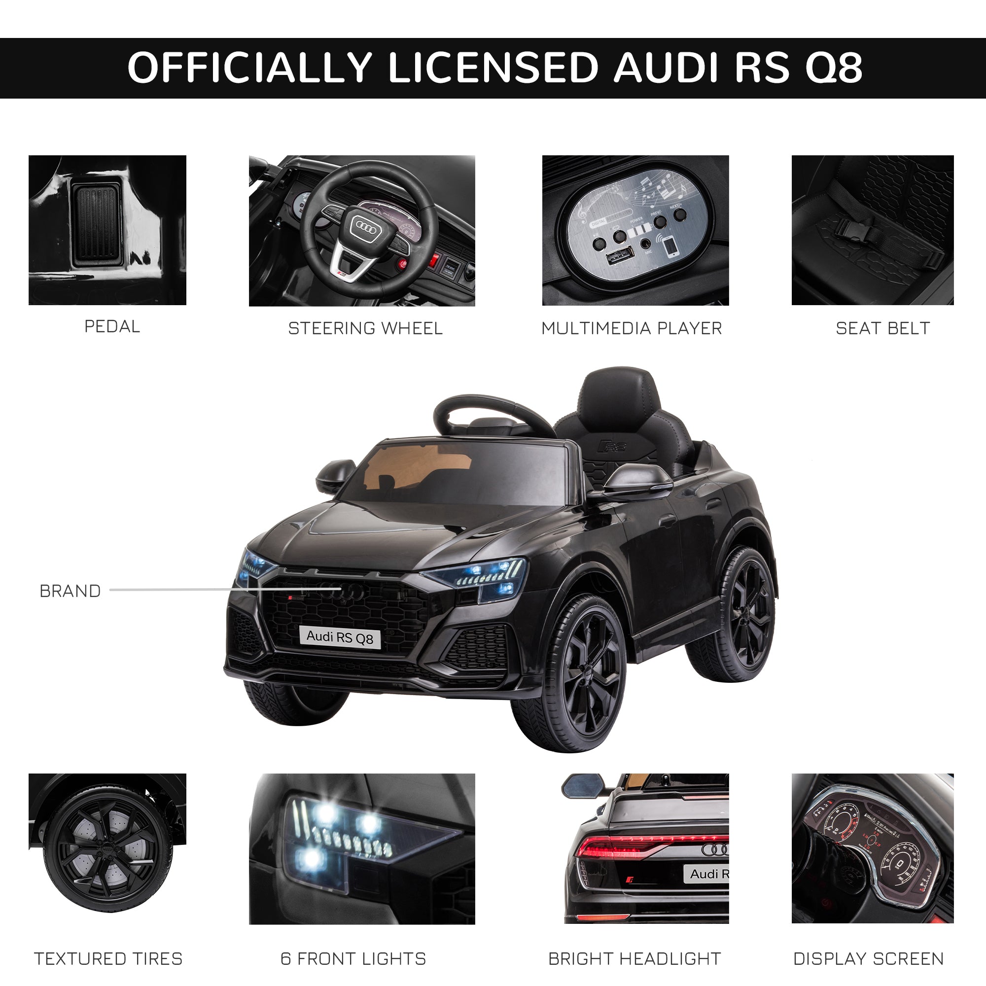 Audi RS Q8 Licensed 6V Ride On Car with Parental Remote Control, Battery-powered Kids Electric Toy, Music Lights, Black