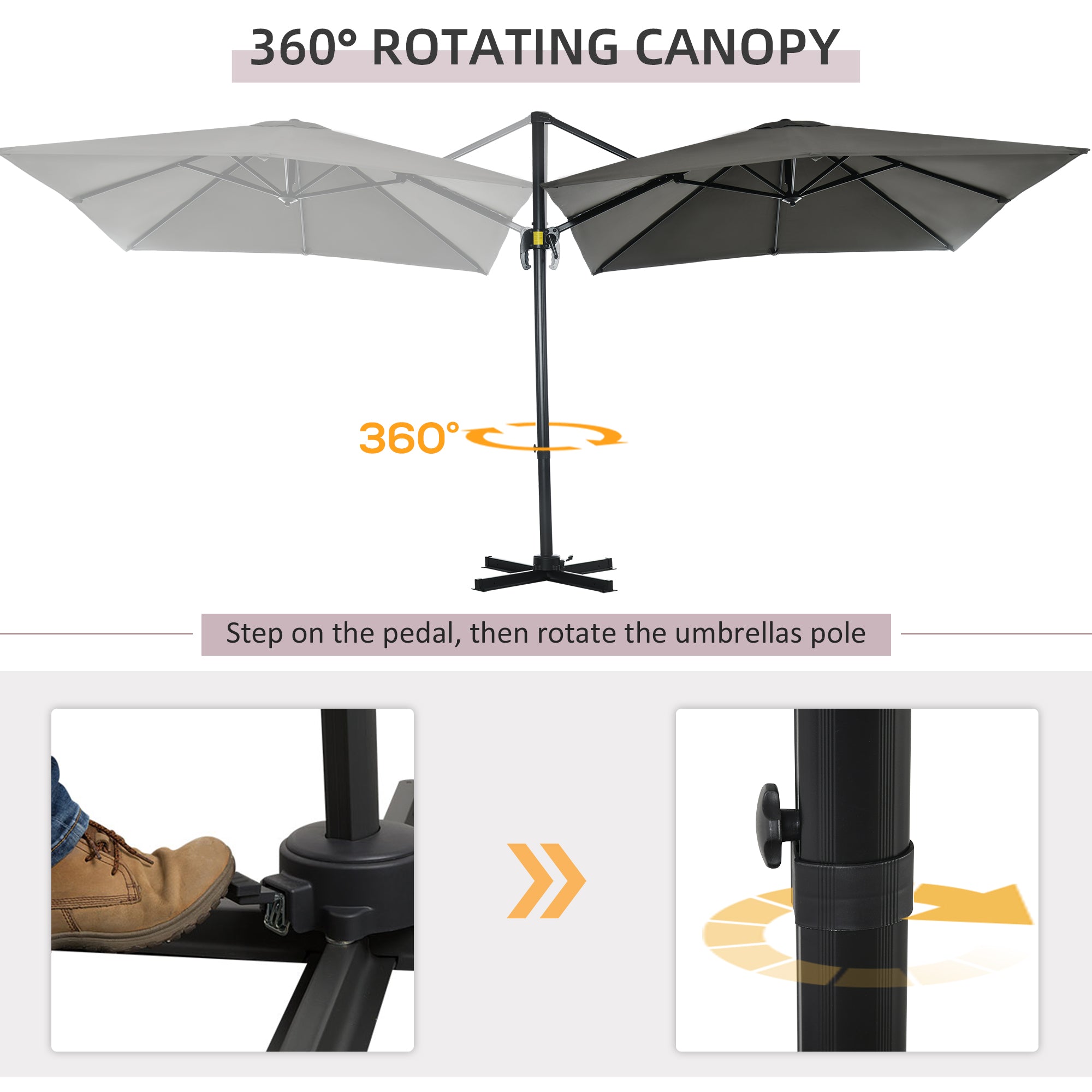 2.5 x 2.5m Cantilever Patio Parasol with Crank Handle and Cross Base - Grey