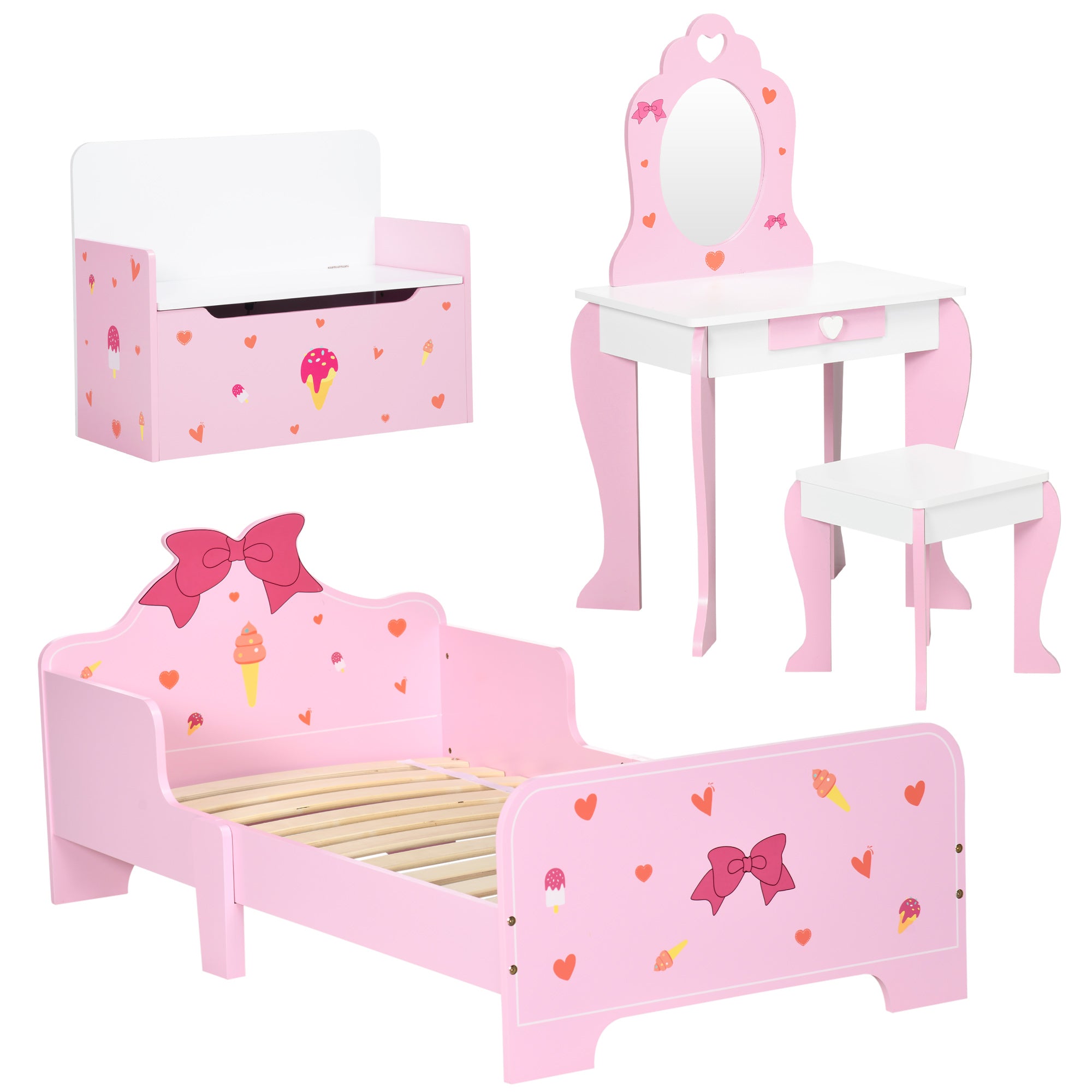 4PCs Kids Bedroom Furniture Set with Bed, Toy Box Bench, Dressing Table and Stool, Princess Themed, for 3-6 Years Old, Pink