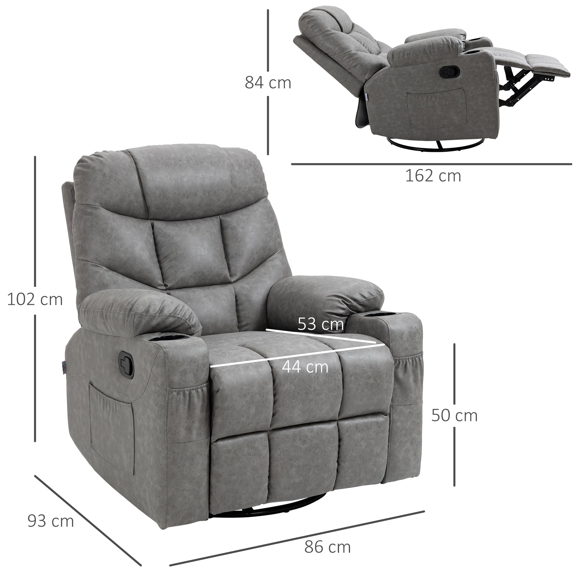 Manual Reclining Chair, Recliner Armchair with Faux Leather, Footrest, Cup Holders, 86x93x102cm, Grey