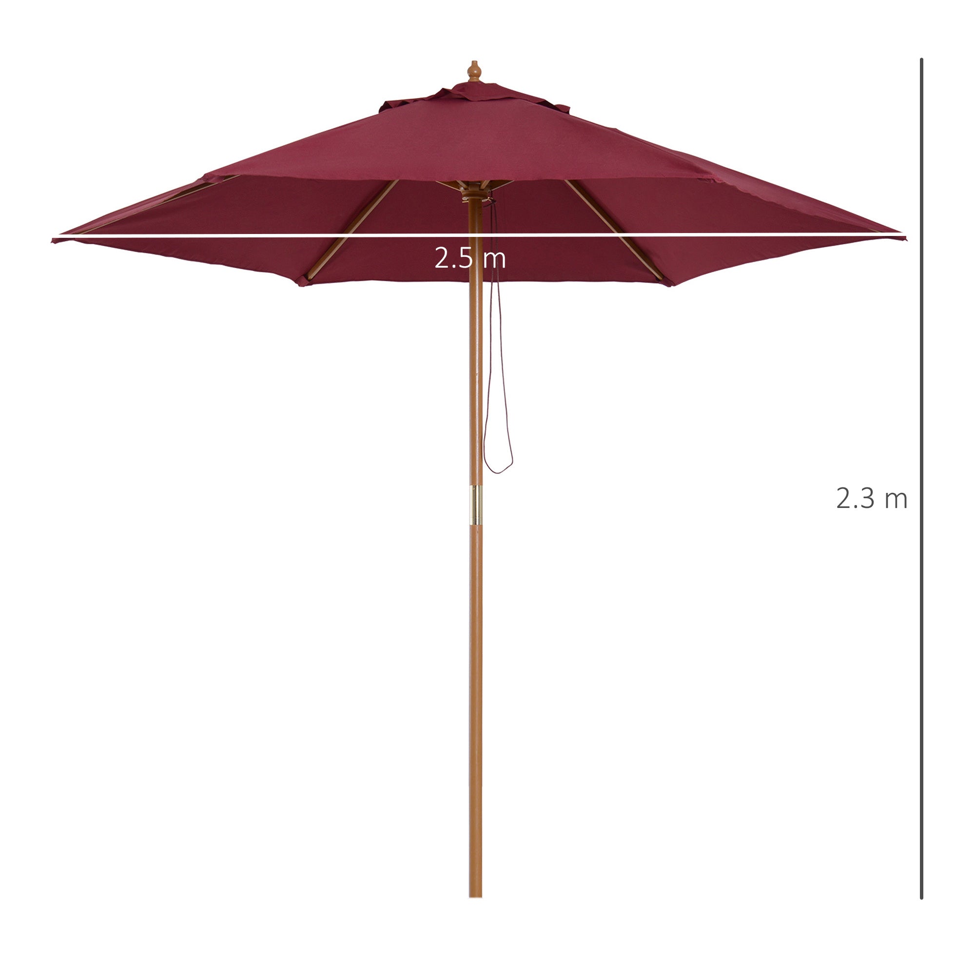 2.5m Wooden Garden Parasol Umbrella-Red Wine