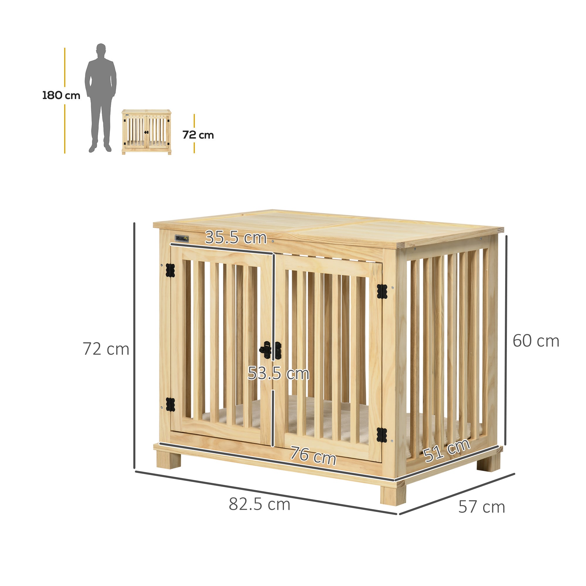 Wooden Dog Crate, with Double Doors, Cushion, for Medium Dogs - Natural Finish