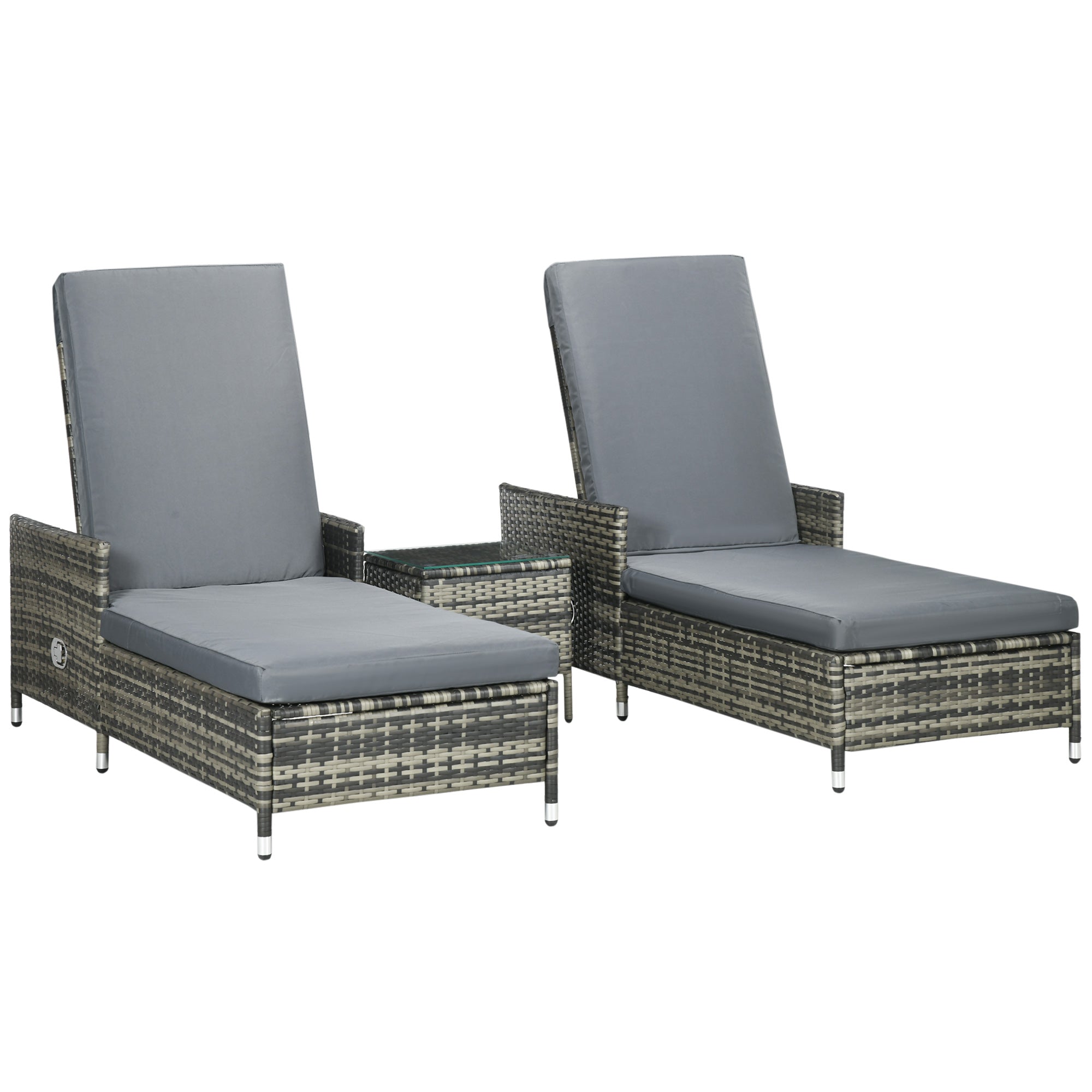 3-Pieces Rattan Sun Lounger, Patio Chaise Lounge Chair Set with Adjustable Backrest, Soft Cushions, Glass Top Table, Grey