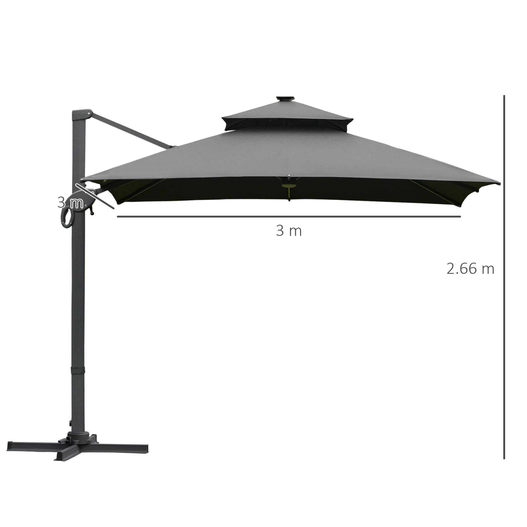 3 x 3(m) Cantilever Roma Parasol Garden Sun Umbrella Outdoor Patio with LED Solar Light Cross Base 360° Rotating for Backyard Dark Gray