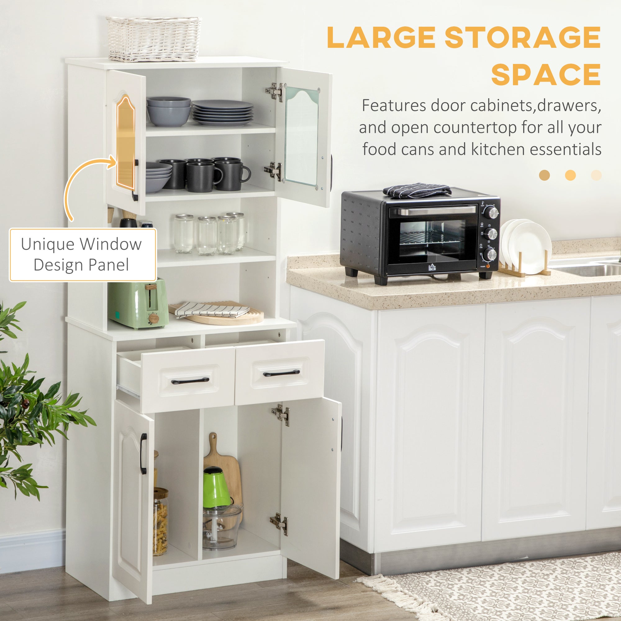 Freestanding Kitchen Cupboard with 2 Adjustable Shelves, 2 Drawers & Open Counter 168cm - White