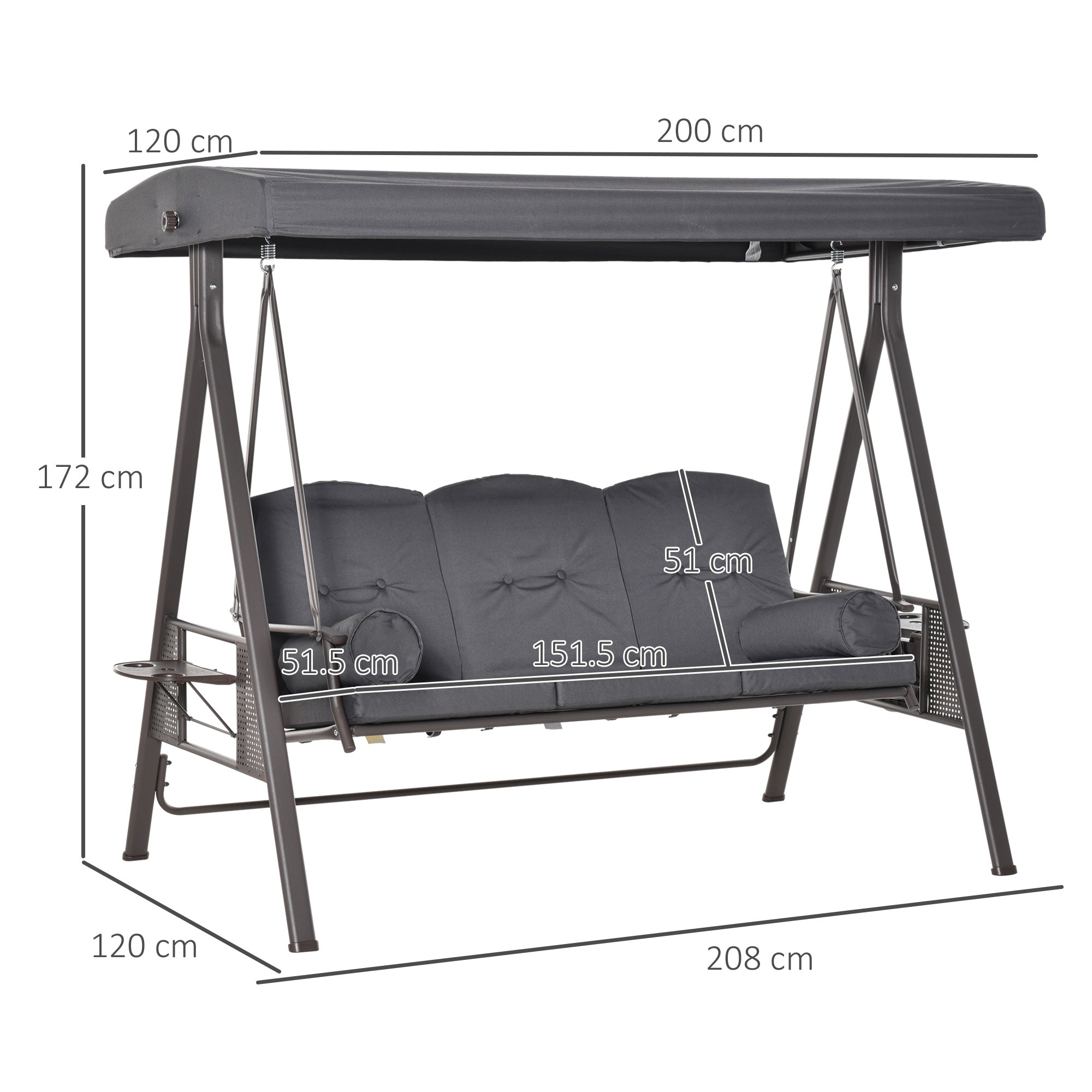 3 Seater Garden Swing Chair Outdoor Hammock Bench w/ Adjustable Canopy, Cushions and Cup Trays, Steel Frame, Dark Grey