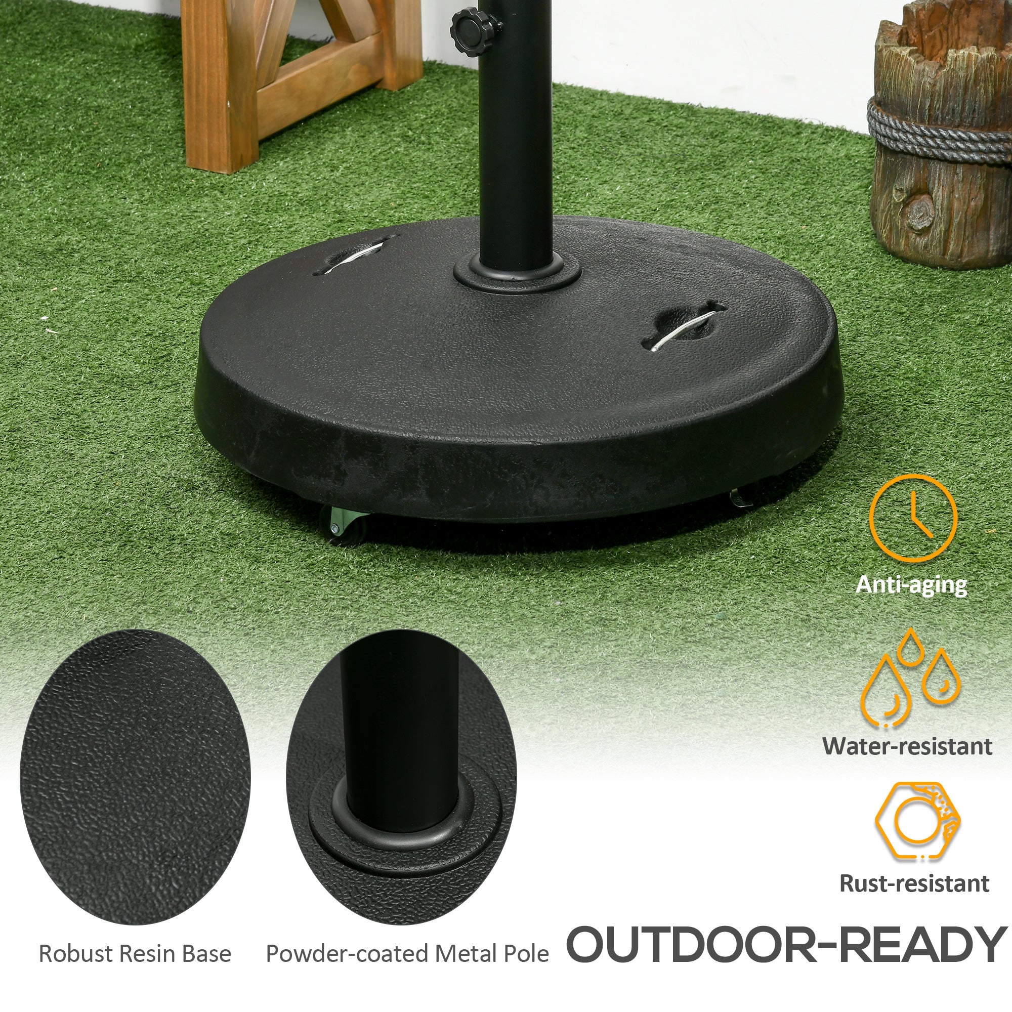Resin Garden Parasol Base with Wheels and Retractable Handles, Round Outdoor Market Umbrella Stand Weight for Poles of ?38 - ?48mm, Black